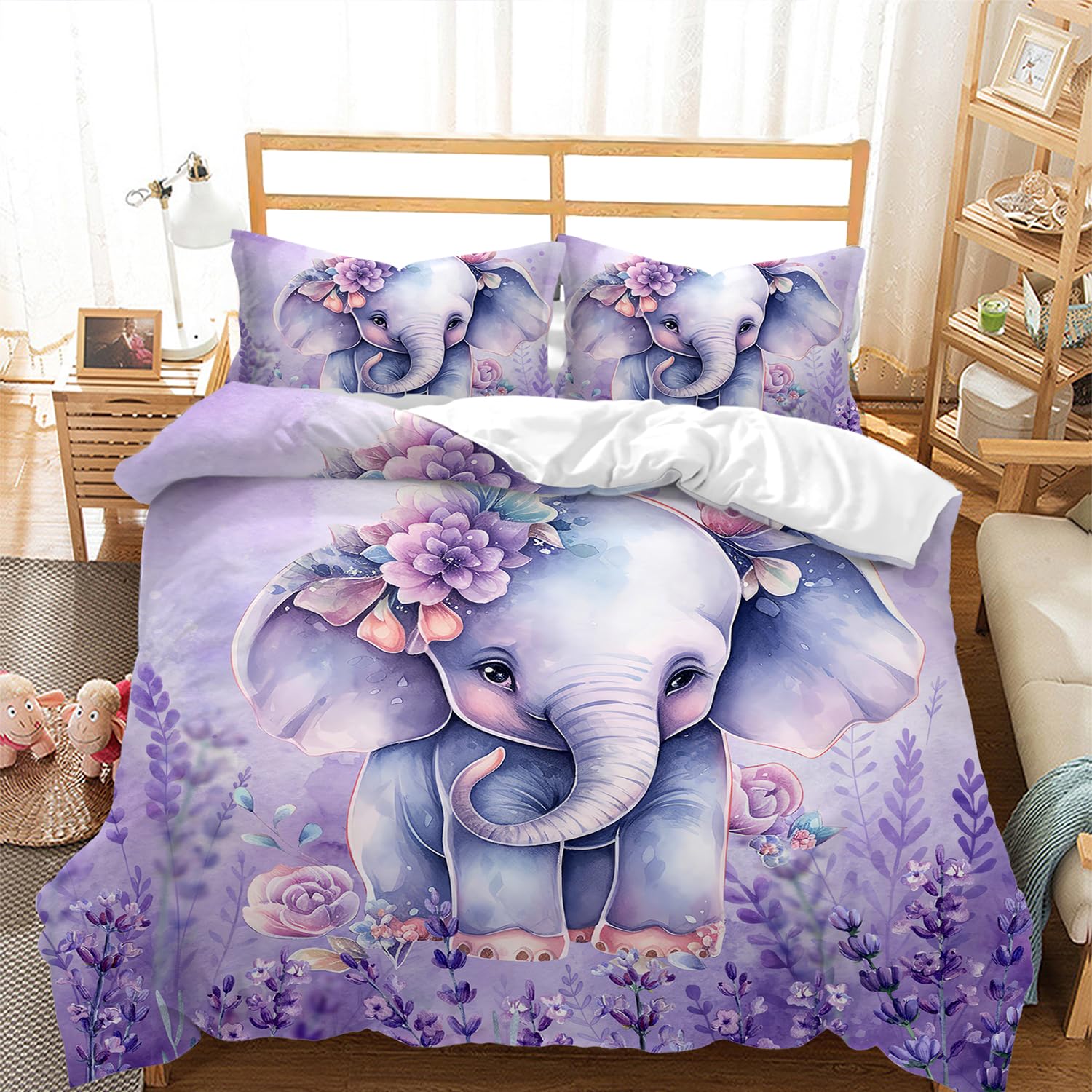 AILONEN Cute Elephant Kawaii Kids Duvet Cover Set King Size for Girls,Lavender Purple Flower Elephant Comforter Cover Set,Lovely Animal Soft Duvet Cover with 2 Pillowcases,3 Pieces