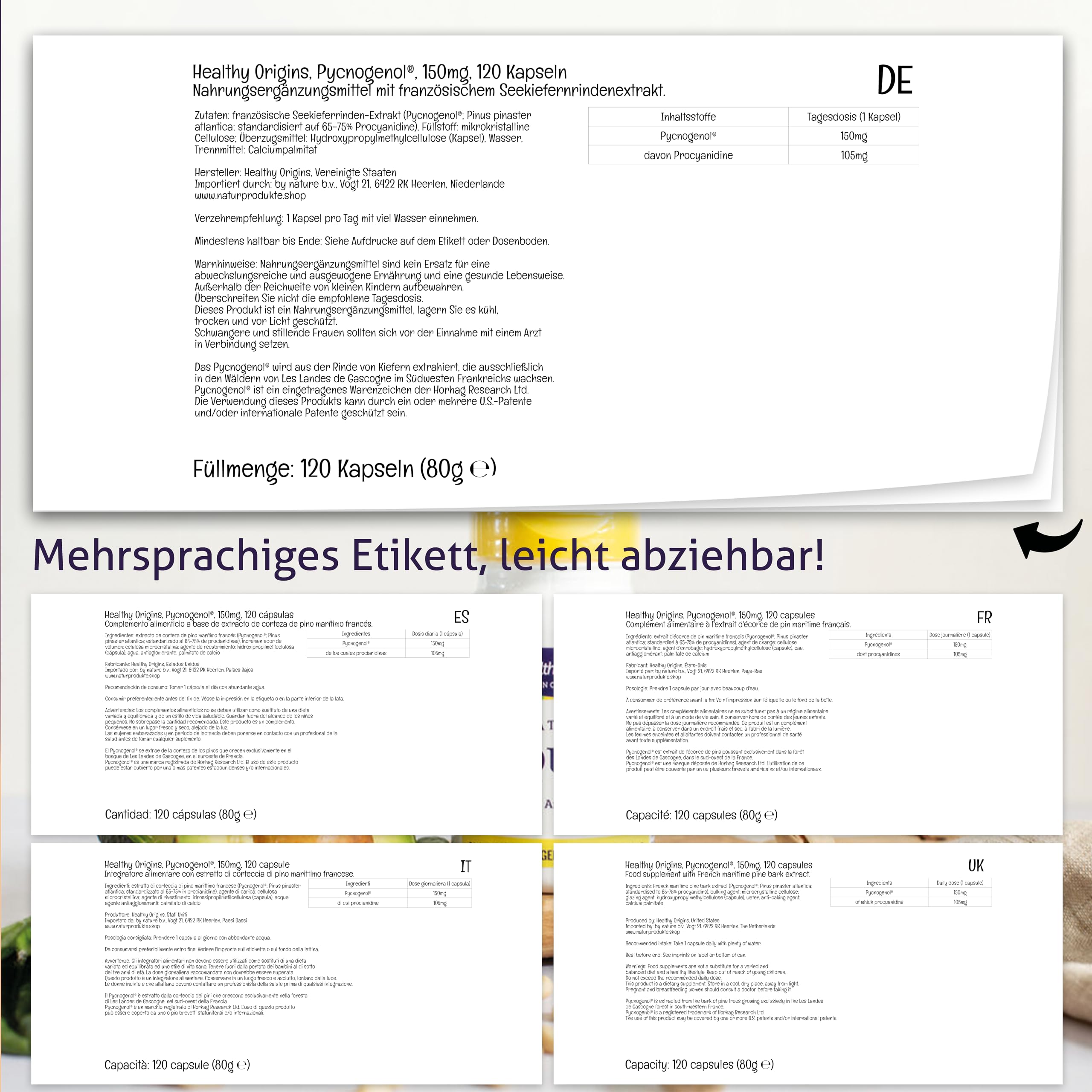 Healthy Origins, Pycnogenol, 120 vegane Kapseln, 150mg Pycnogenol je Dosis, Glutenfrei, Sojafrei, GMO frei, Geschmacksneutral