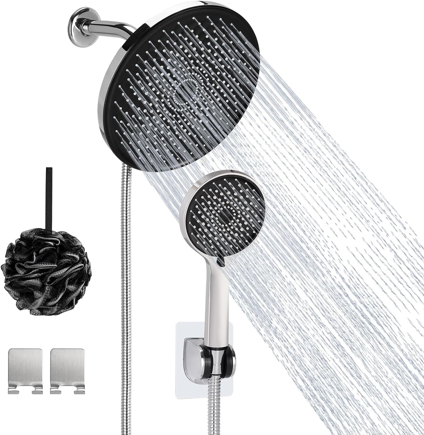 Rain Shower Head with Handheld Spray, Lanhado 8.5'' Shower Head with hose, 3 Setting High Pressure Shower Heads, Anti-leak Rainfall Shower Head with Holder, Waterfall Showerhead, Silver