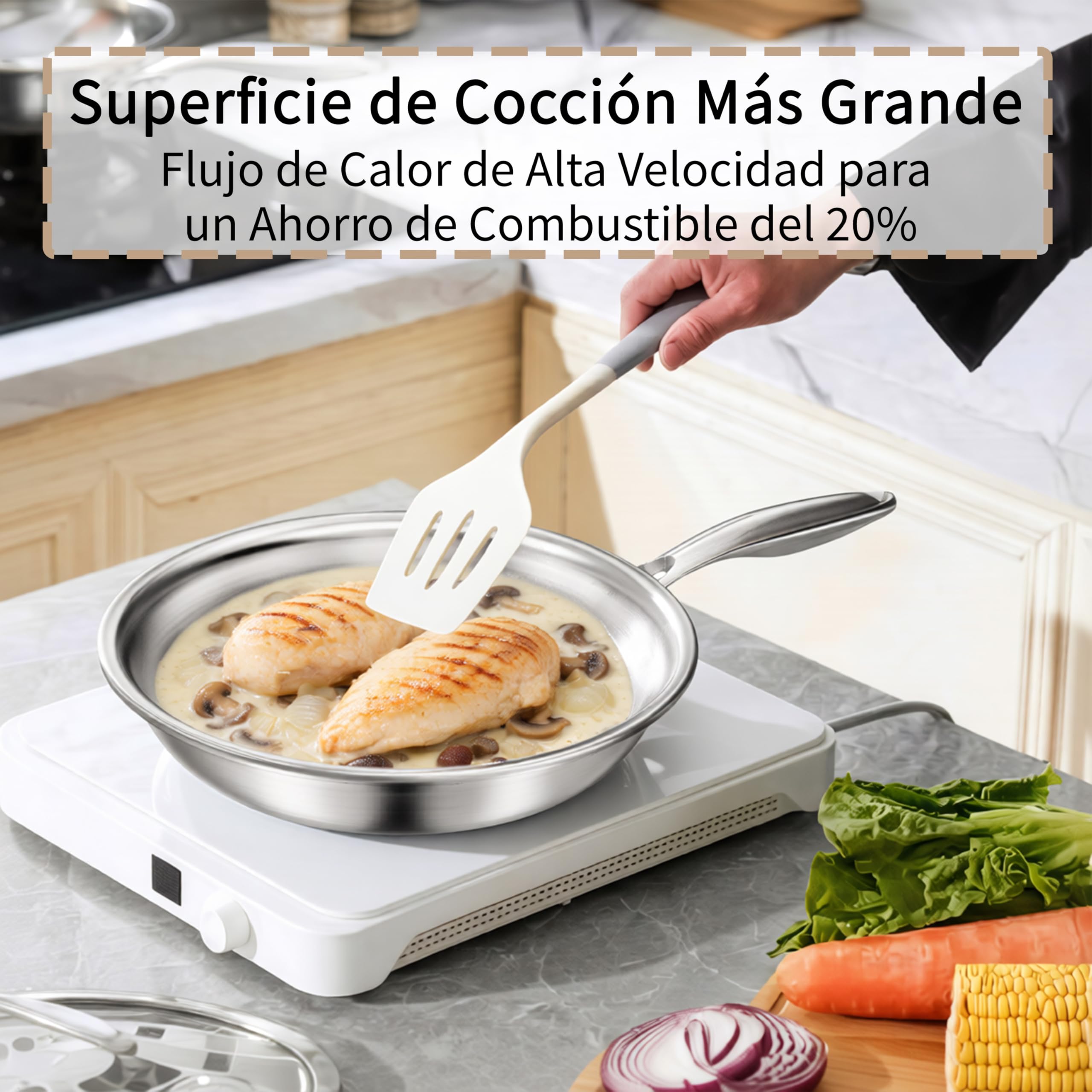Sarten tricapa triply Natural,Sin Revestimiento,inducción y horno hasta max. 400 °C，Sartén de Acero Inoxidable Apta Inducción, Acero Inoxidable Cromargan (30CM q1)