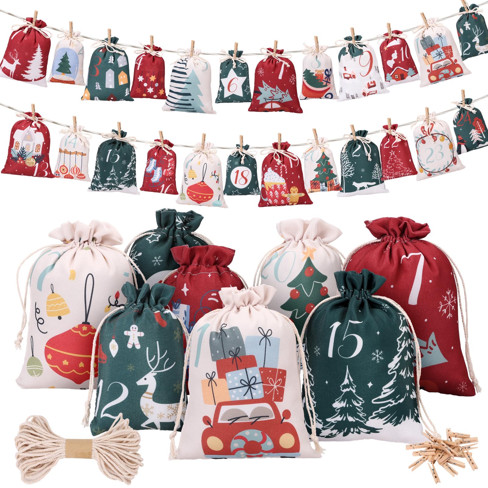 Naler 24PCS Advent Calendar Bags 2026, Advent Calendars Jute Bags for Filling, Xmas Countdown Hanging Bags with Drawstring Wooden Clips Red Green