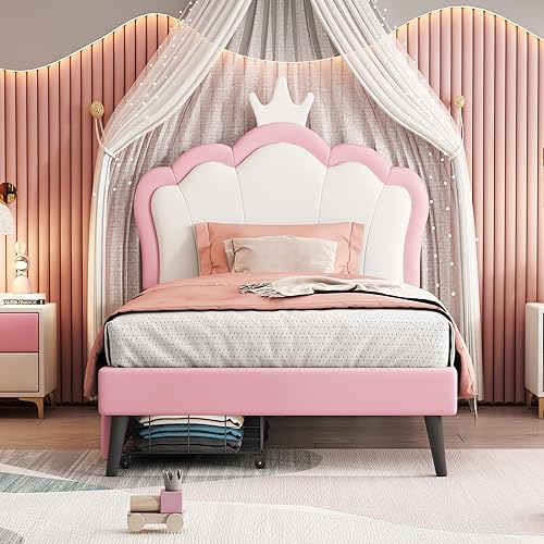 Miniatura 54 de Moderna base de cama de madera maciza de tamaño matrimonial para niños con cabecera en forma de corona, marco de cama tapizado de princesa con luces