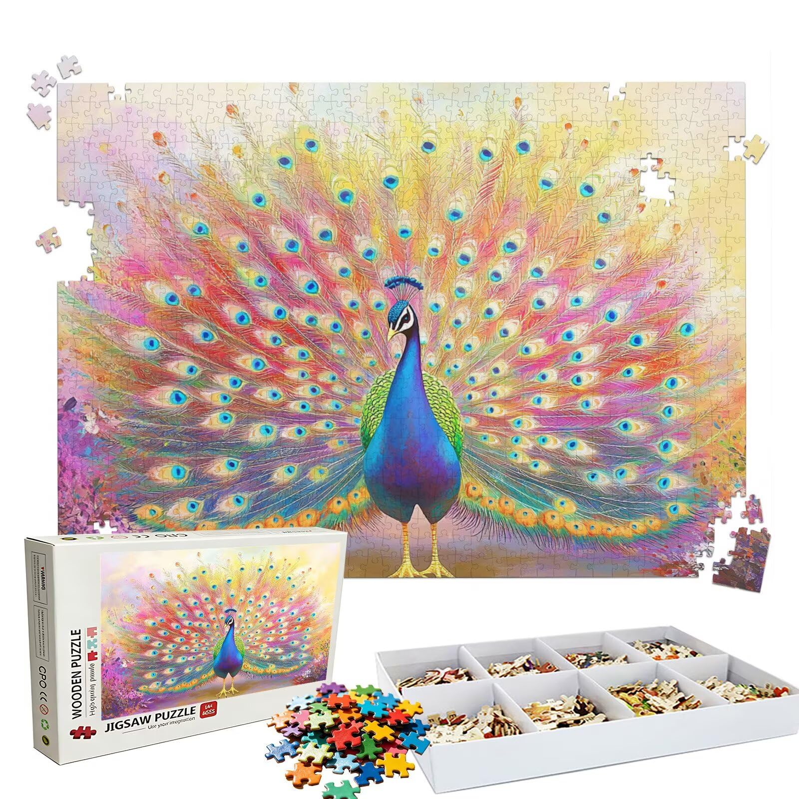 Puzzle 1000 elementów, puzzle 1000 elementów dla dorosłych, trudne puzzle, aktywność antystresowa i relaks, druk w wysokiej rozdzielczości, drewniane puzzle w kolorze pawia z wykwintnym pudełkiem do