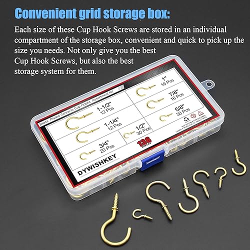 Miniatura 7 de DYWISHKEY Kit de ganchos de tornillo para tazas, 136 unidades, 7 tamaños, ganchos de rosca chapados en latón para el hogar, la oficina y el lugar de