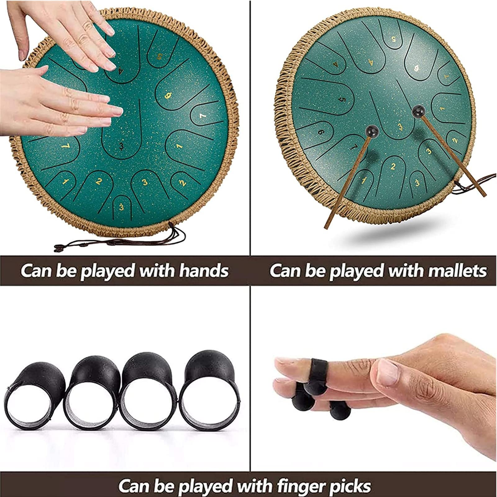 Handpan, Tambor De Lengua De Acero, 14 Pulgadas 15 Tonos Steel Tongue Drum con Llave D Kit De ​con Mazos De Tambor Pegatinas De Notas Palillos De Dedos Soportey Bolsa De Concierto