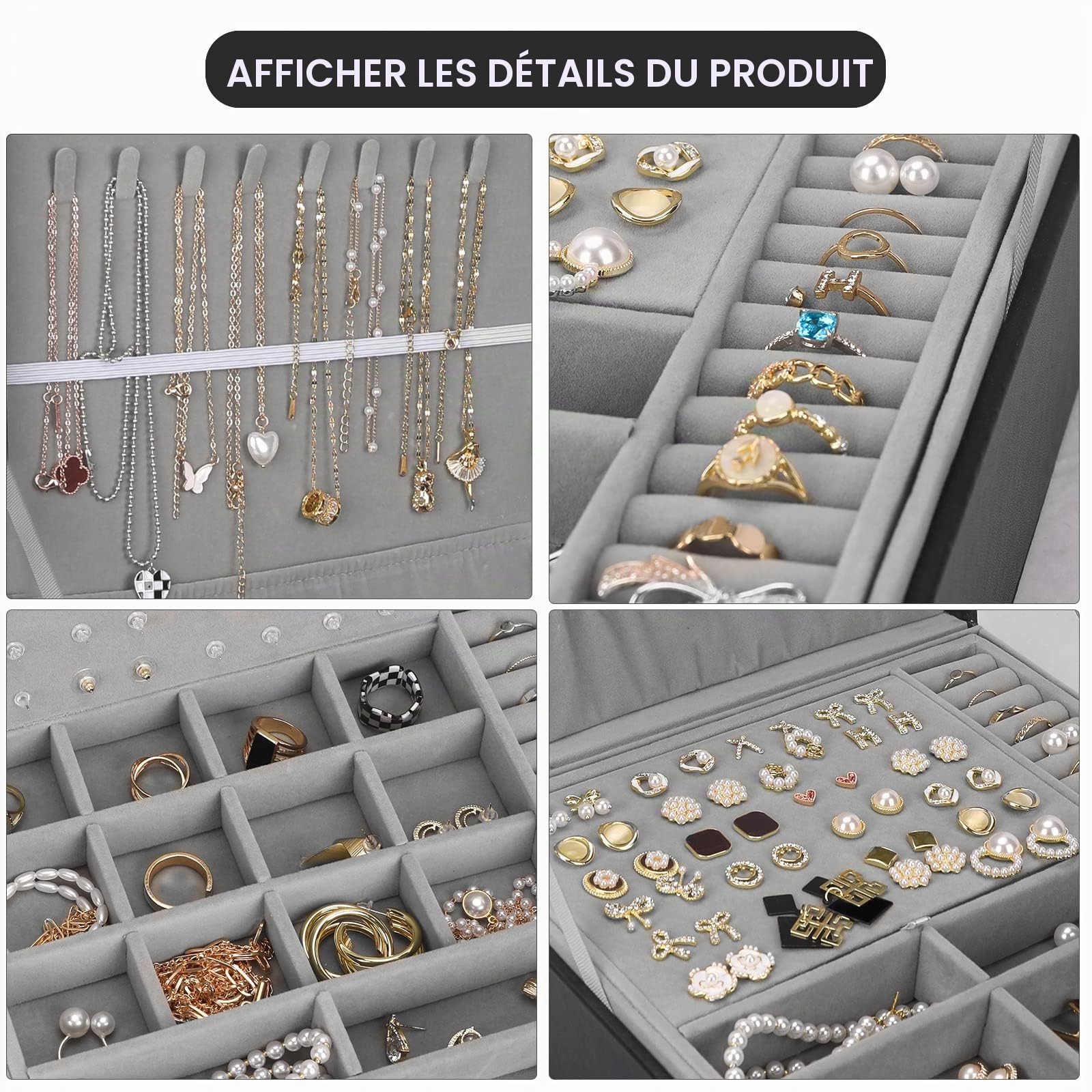 Boîte à bijoux pour homme et femme avec cuir synthétique, grand étui de rangement à 2 couches avec serrure, pour colliers, bracelets, boucles d'oreilles, bagues, cadeau idéal, noir