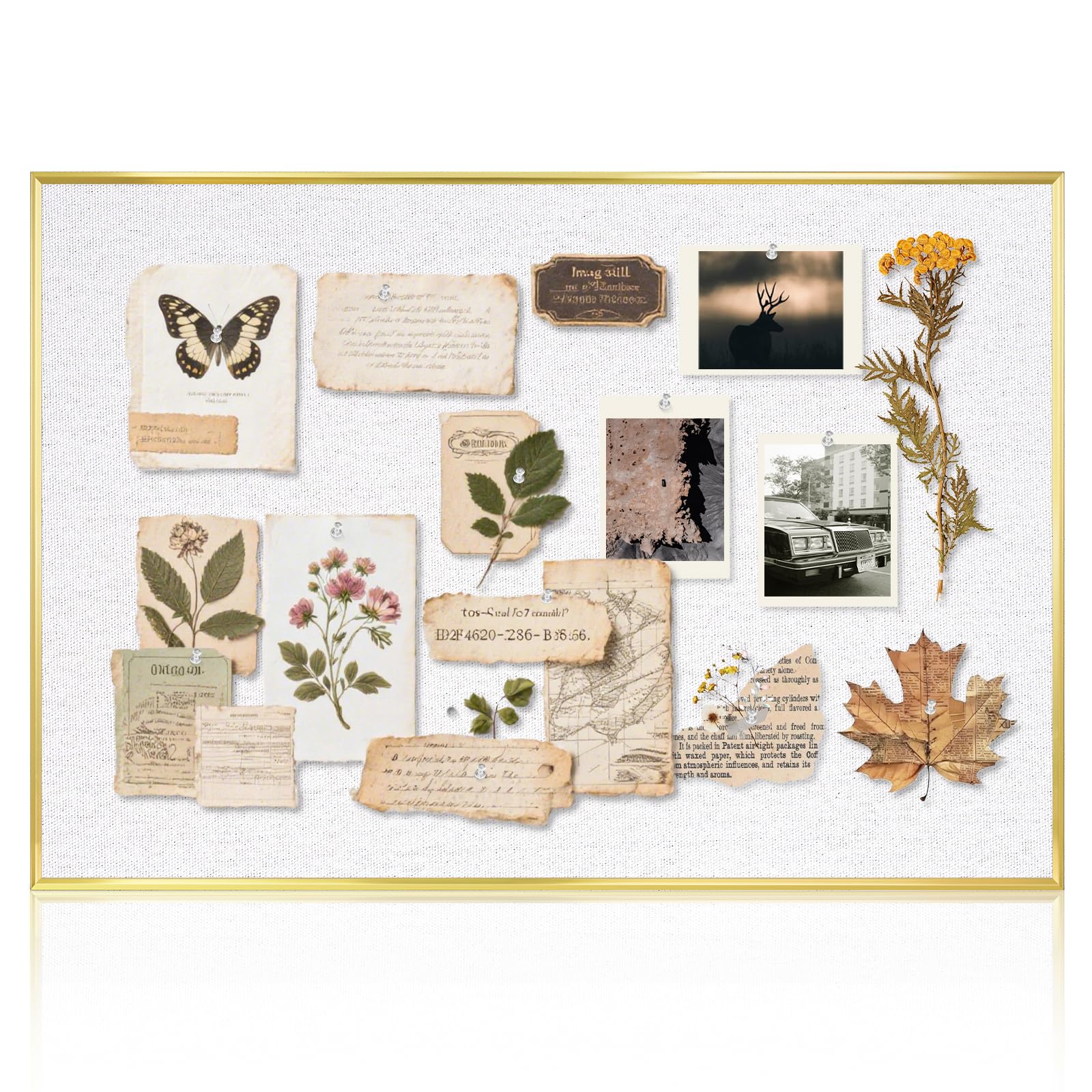 QUEENLINK Linen Bulletin Board 30 x 20 Inches, White Cork Board for Wall, Gold Aluminum Framed Fabric Pin Board Tack Board, 10 Push Pins, White Linen
