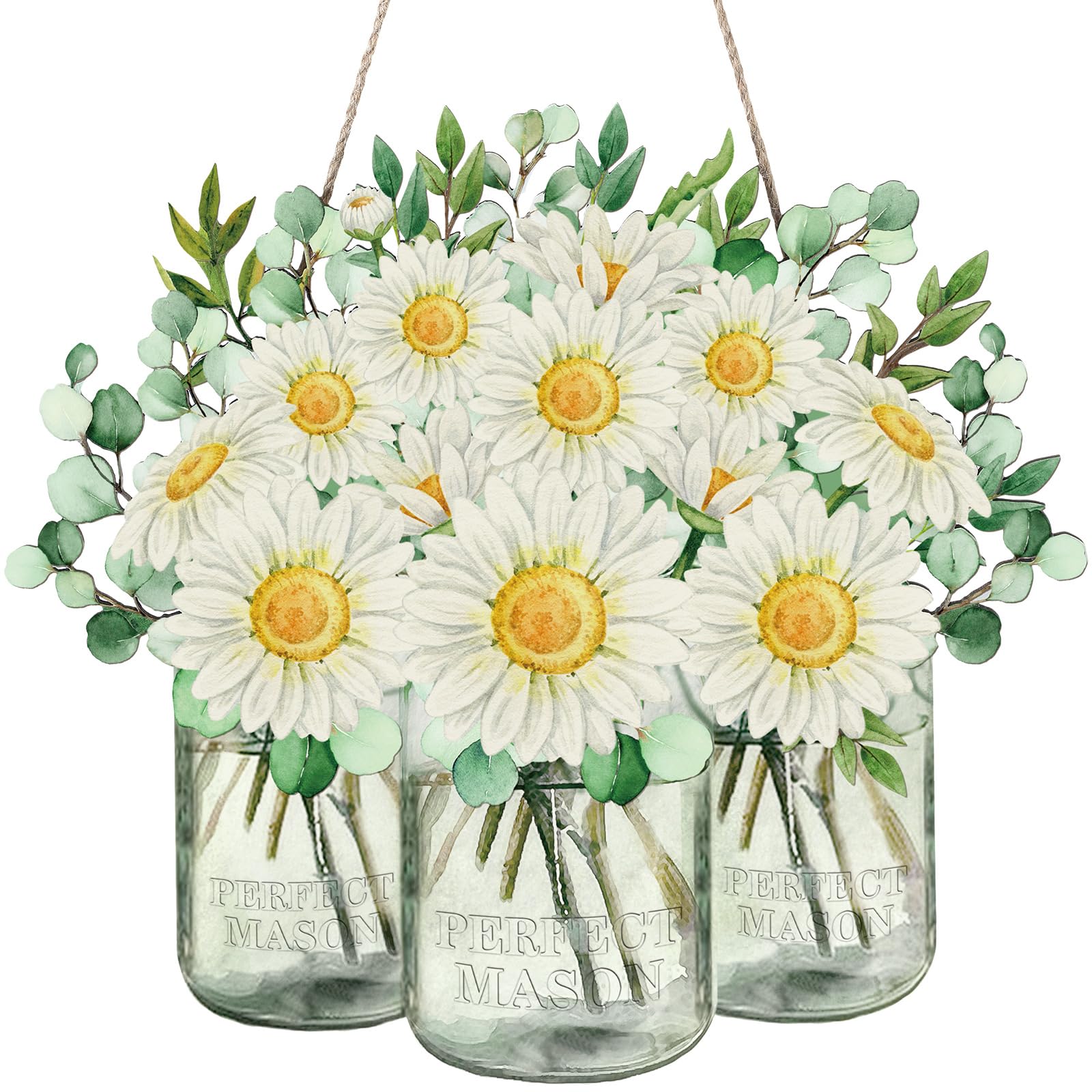 Threehoney Spring Daisy Door Sign Summer Eucalyptus Leaves Mason Jar Door Decor Watercolor Wooden Wall Hanging Sign Hanger Retro Flower Welcome Hanger
