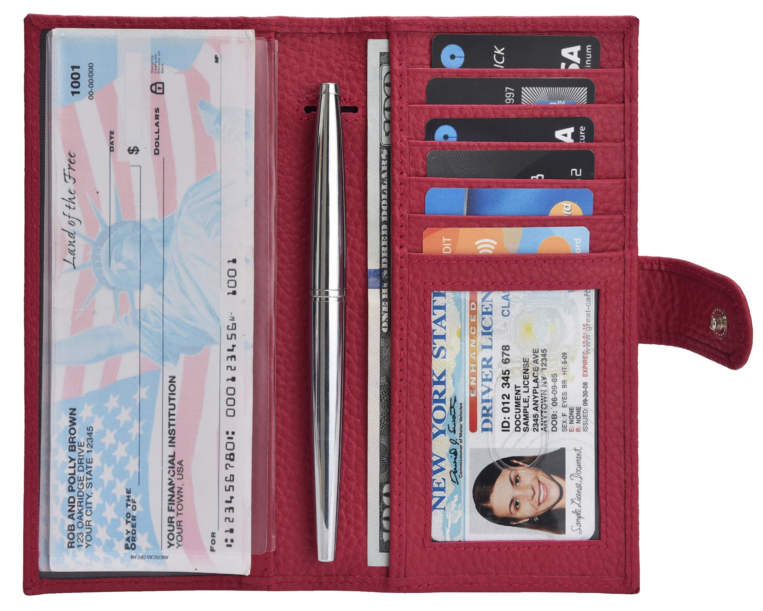 EstalonCheckbook Covers for Men and Women - Leather RFID Blocking Standard Check Holder (Pink Pebble), Raspberry, S