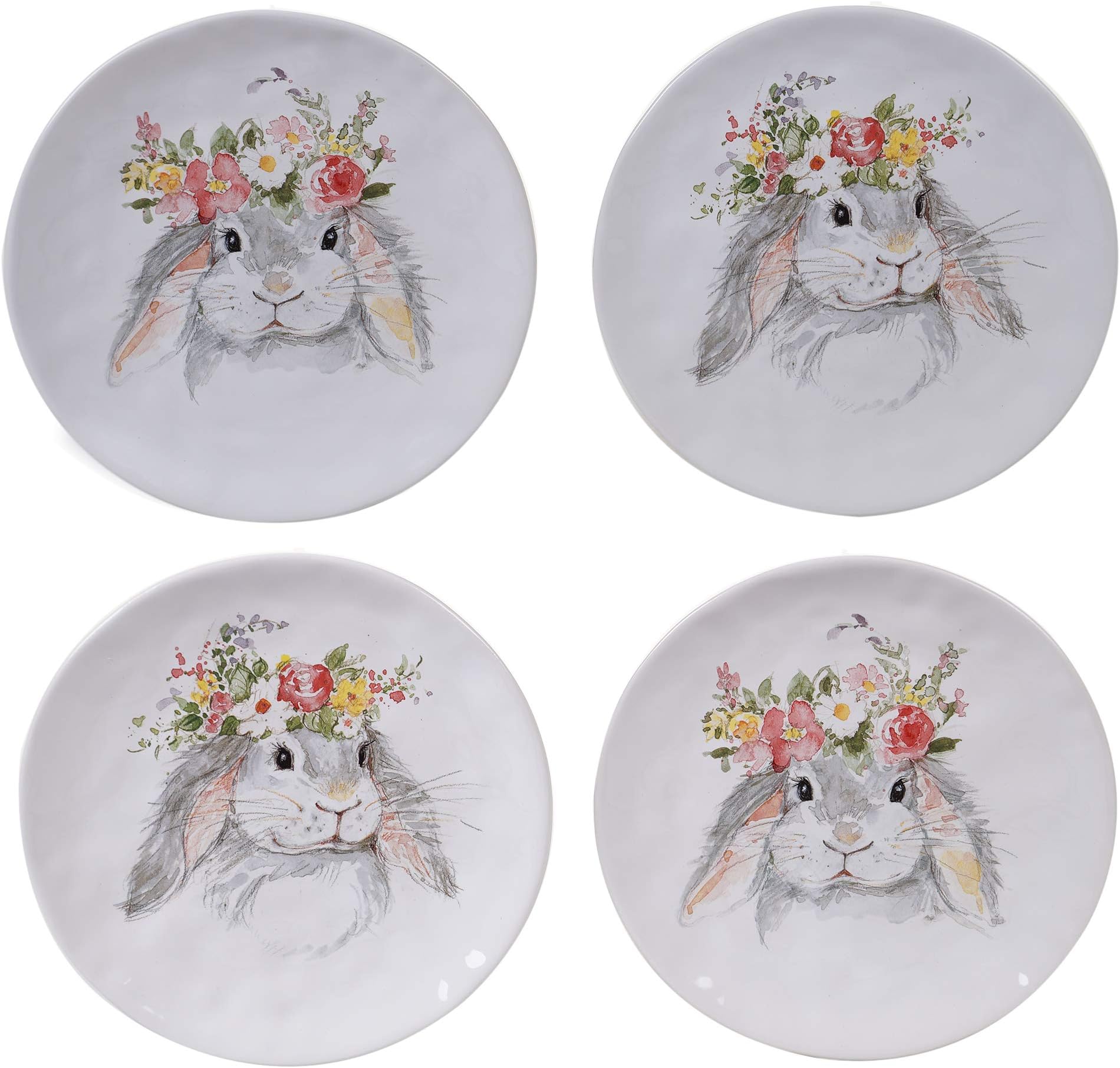 Sweet Bunny Set of 4 DESSERT PLATES, 8.5 Inch Assorted Ceramic Plates, Easter Bunny Designs, Ideal for Cakes, Pastries, and Snacks, Spring Entertaining Collection