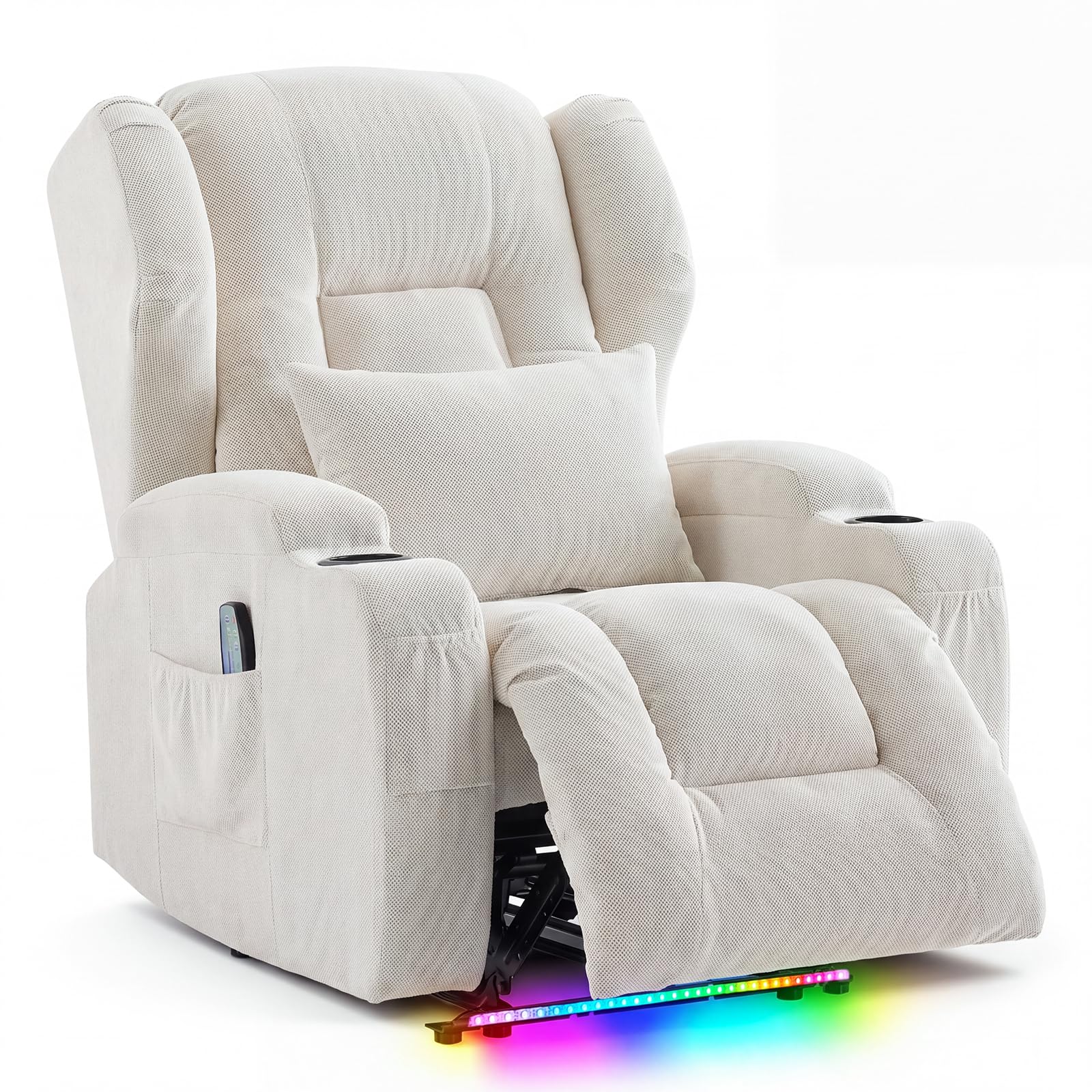 Oprisen Wall Hugger Power Recliner Chair, Overstuffed Home Theater Seating w/Heat Massage Electric Movie Gaming Sofa Reclining Sleeper Chair with LED Light/Lumbar Pillow/Cup Holders