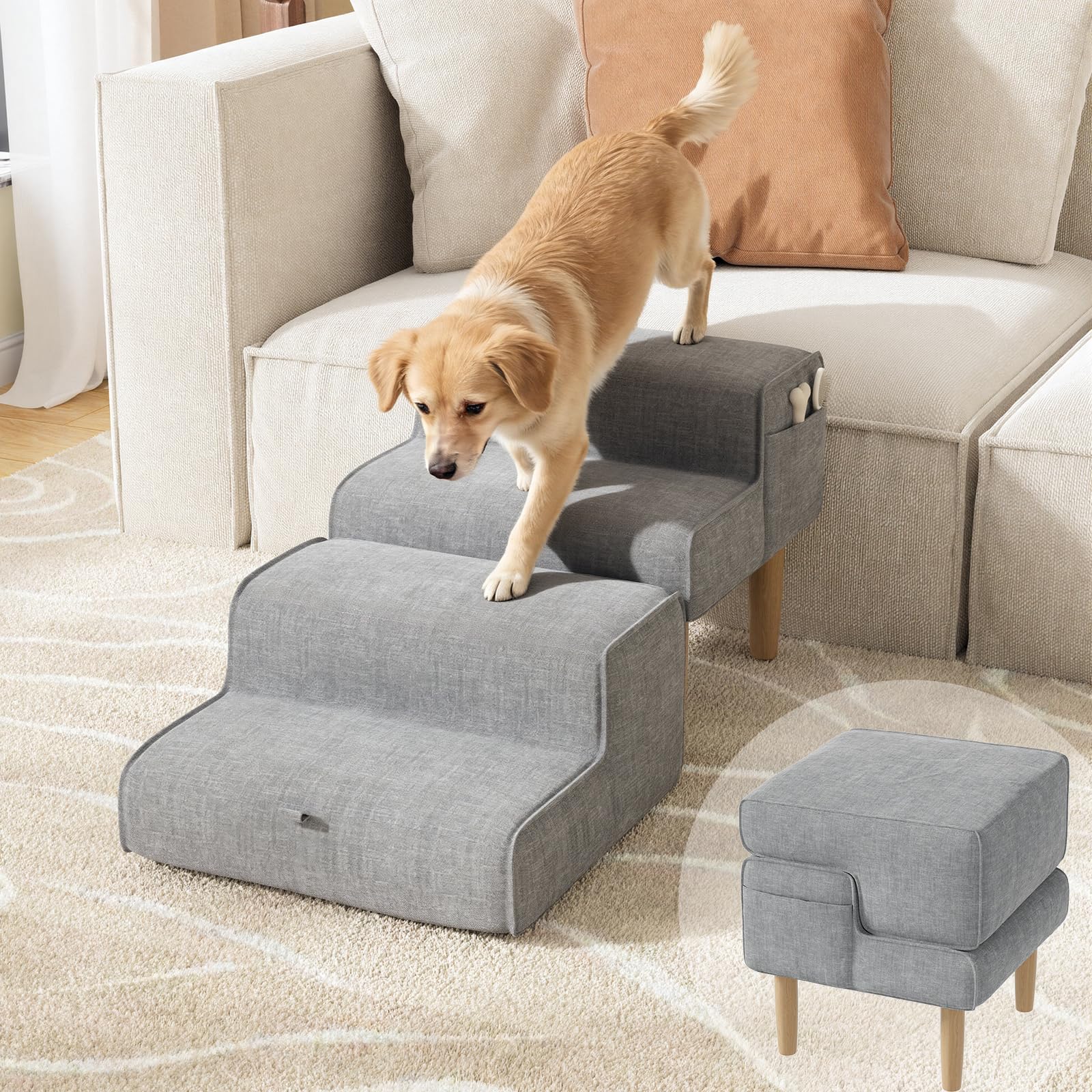 Scaletta per Cani, 2-in-1 Scaletta per Cani Letto Pieghevole, Altezza 4 Gradini, Scala Cane Piccoli e Gatti per Salire su Letto e Divano, Antiscivolo Rampa per Canis, 35/45cm, Grigio