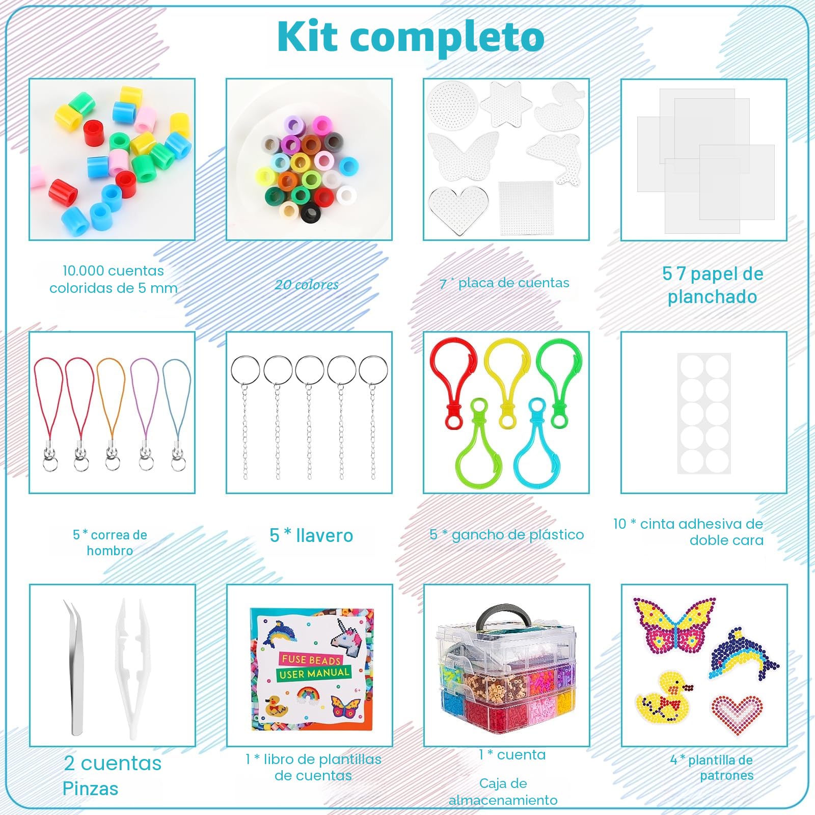 10000 Cuentas para Planchar, Abalorios Fusibles de 5 mm con Caja de Almacenamiento, Guía de Usuario y Placa de Planchado para Ideas de Bricolaje Regalos de Cumpleaños para Niños(20 Colores)