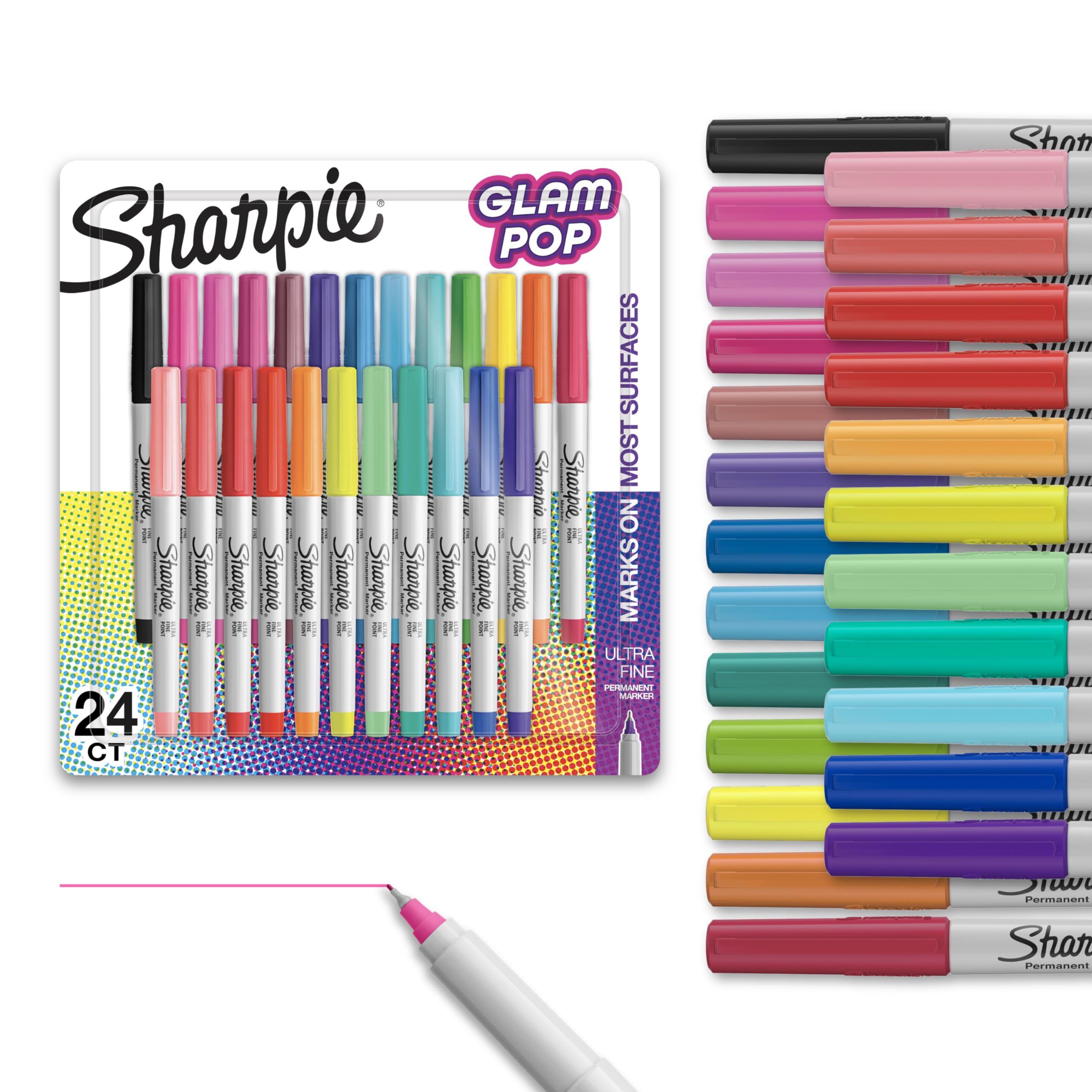 Sharpie Glam Pop Permanent Markers, Ultra Fine Tip Set, Coloring and Drawing, Resilient Ink, Assorted Colors, 24 Count