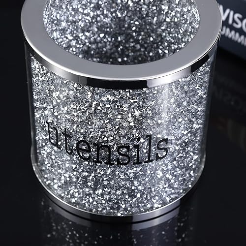 Miniatura 3 de Lmaray Vajilla plateada de cristal para utensilios, lata de almacenamiento de utensilios brillantes, organizador de cilindros con marco de metal