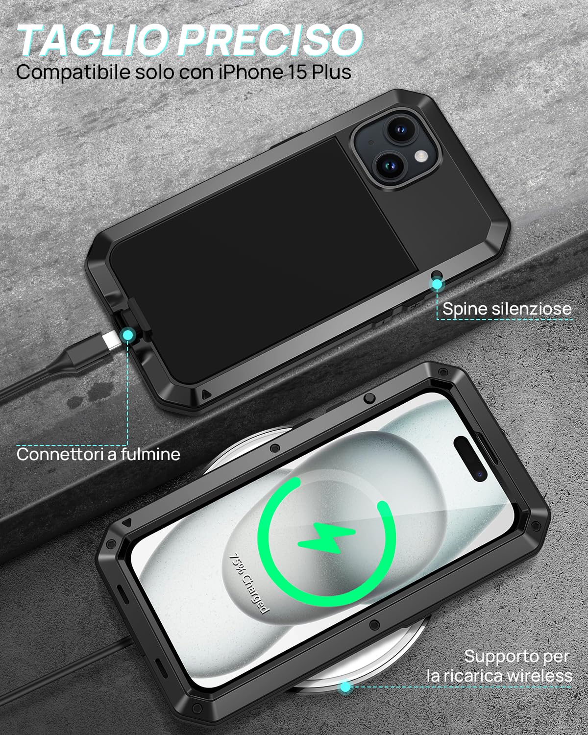 Cover Antiurto Per IPhone 15 Plus (6.7 Pollici), Resistente E Indistruttibile, Protezione Militare 360°, Con Copertura Schermo Integrata. Colore Nero. - 3