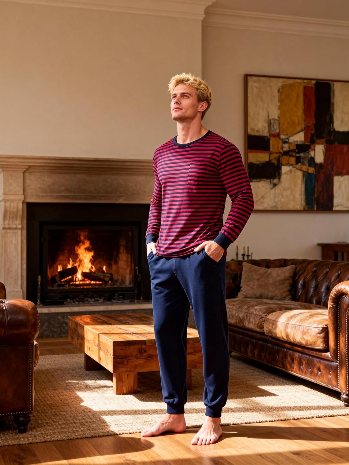 Sykooria Men's Cotton Pajamas Set Long Sleeve Plaid Loungewear Cozy Striped Sleepwear 2 Piece Comfy Pjs Set with Pockets - Image 4