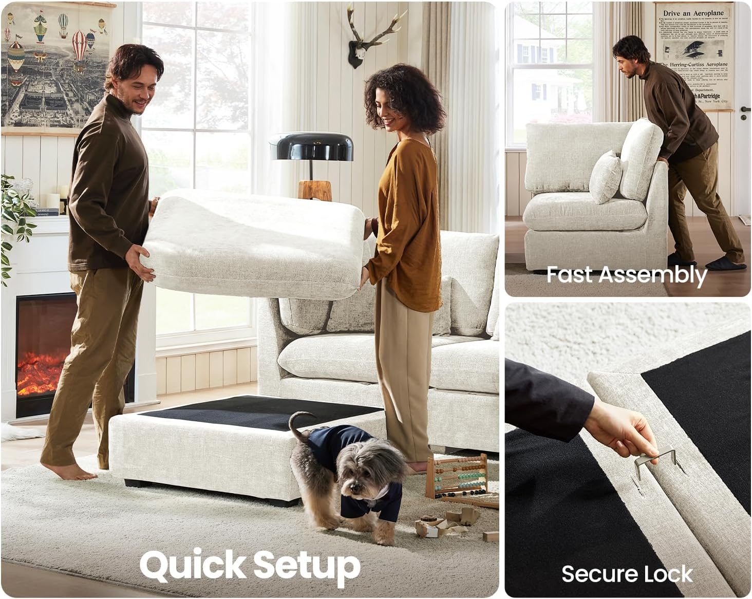 CHIC HOUSE 126" Oversized Chenille Modular Sectional Sofa, Extra Deep 6-Seater Sofa Modern Cloud Couch with Corner&Ottoman, Sectional Sleeper Sofa for Living Room, V-Shaped, Chenille, Beige