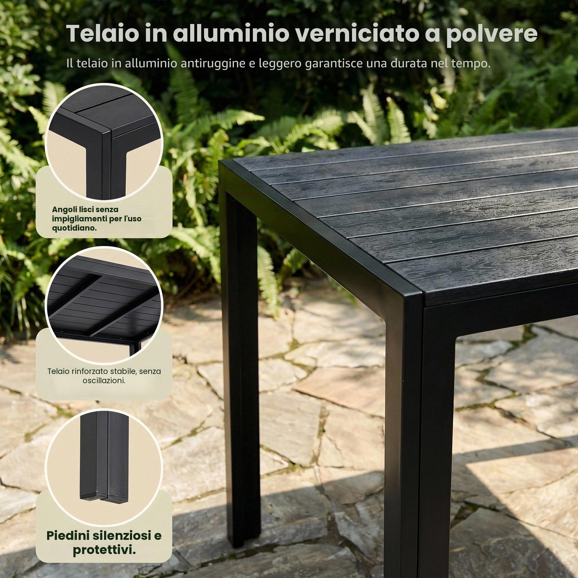 LIFERUN Tavolo da Giardino 110x70 cm, Tavolo da Terrazzo in WPC per 4-6 Persone, Tavolo da Balcone Resistente alle Intemperie con Telaio in Alluminio, Design Effetto Legno,Nero