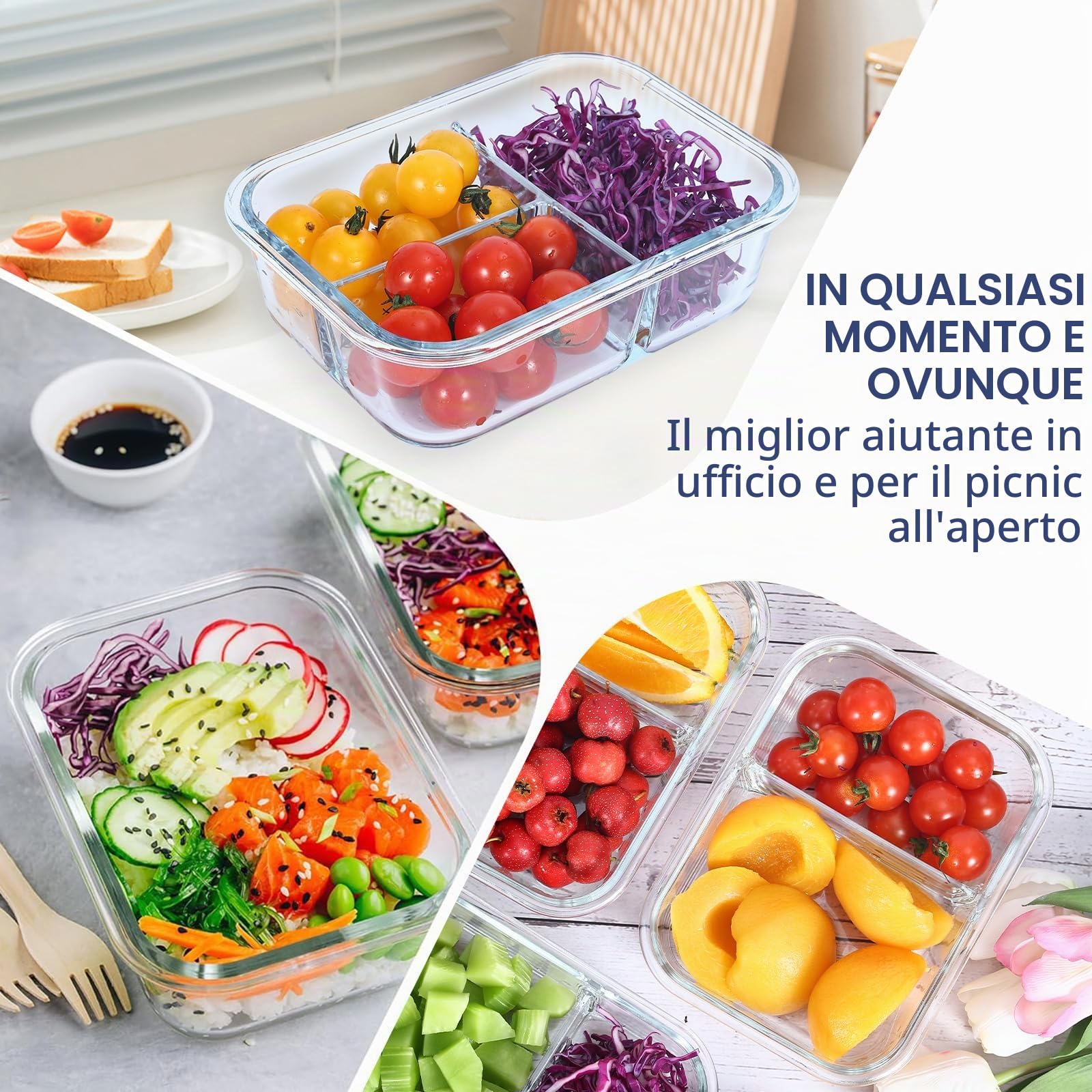 Meal Prep Box - Set di 3 contenitori per alimenti con coperchio, 1040 ml, 1 & 2 e 3 scomparti, per controllo delle porzioni, ermetici, per forno e congelatore