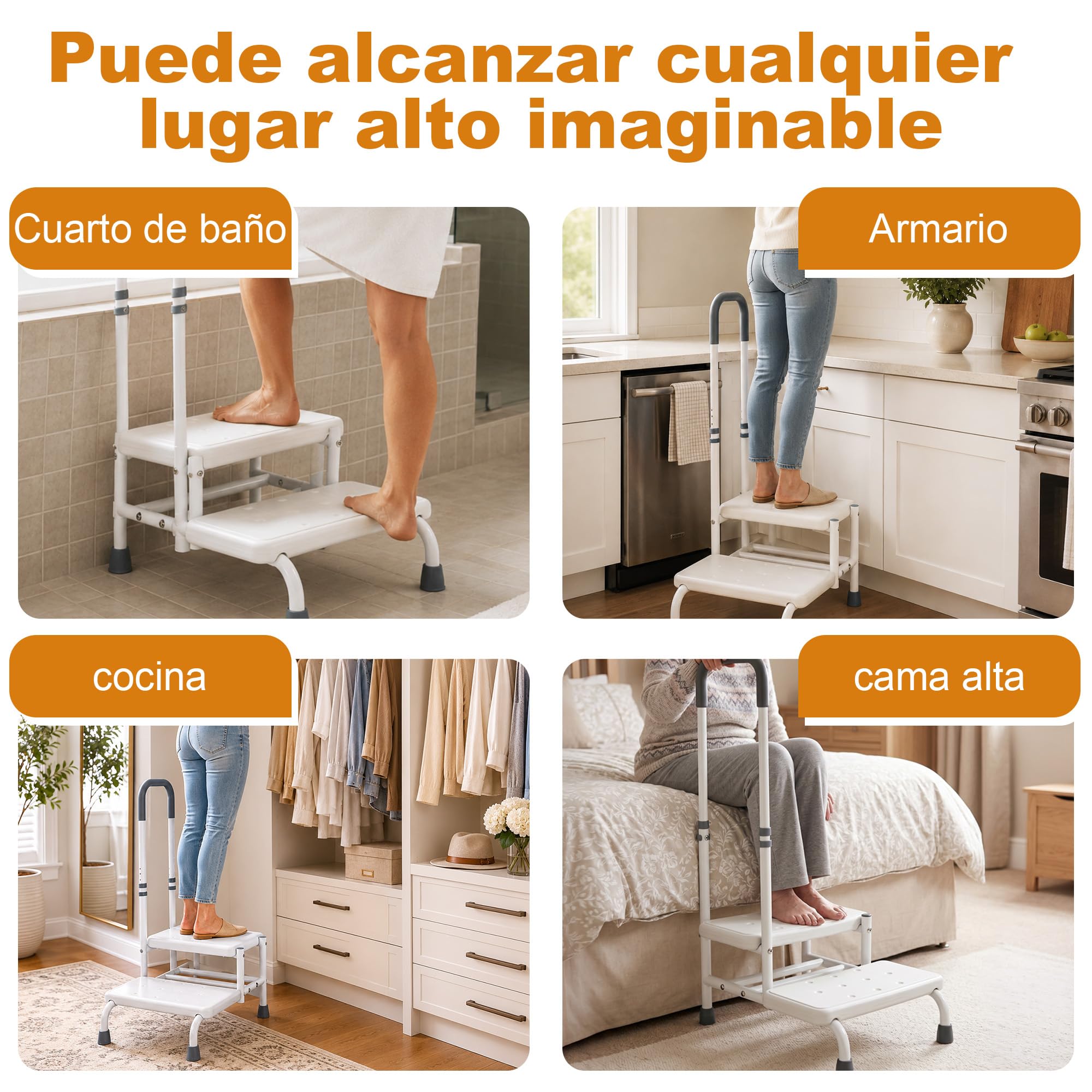 Escalera De 2 Escalones con Pasamanos Amplia Plataforma, Antideslizante Escalón Robusto Y Estable Ideal para Dormitorio Cama Bañera Y como Ayuda para Subir A Personas Mayores Embarazadas Y Adultos