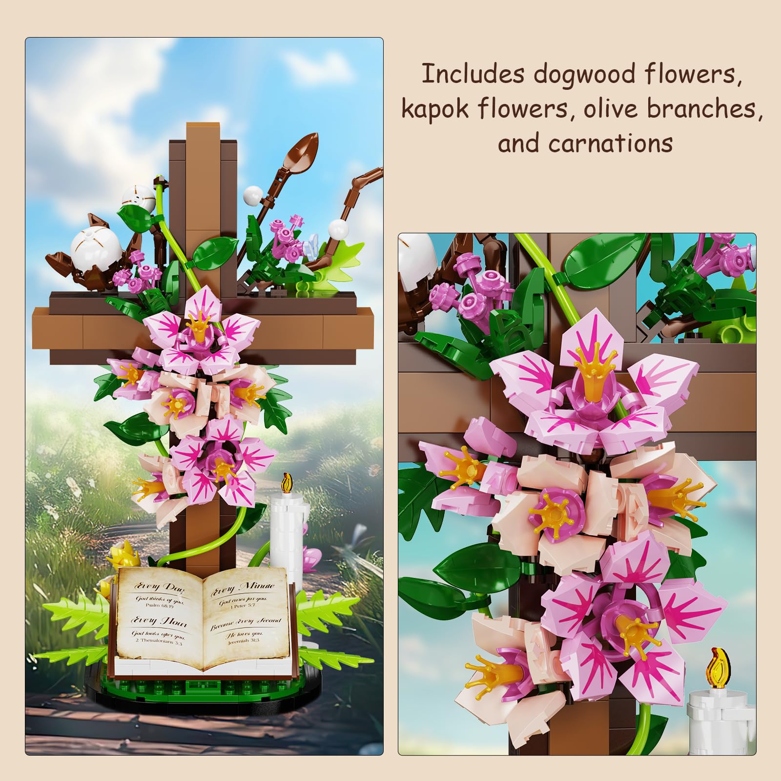 Set di mattoncini da costruzione Flower Cross of Jesus 568 pezzi, giocattoli da costruzione per decorare la cappella di casa, regali pasquali per la scuola domenicale, educazione alla fede