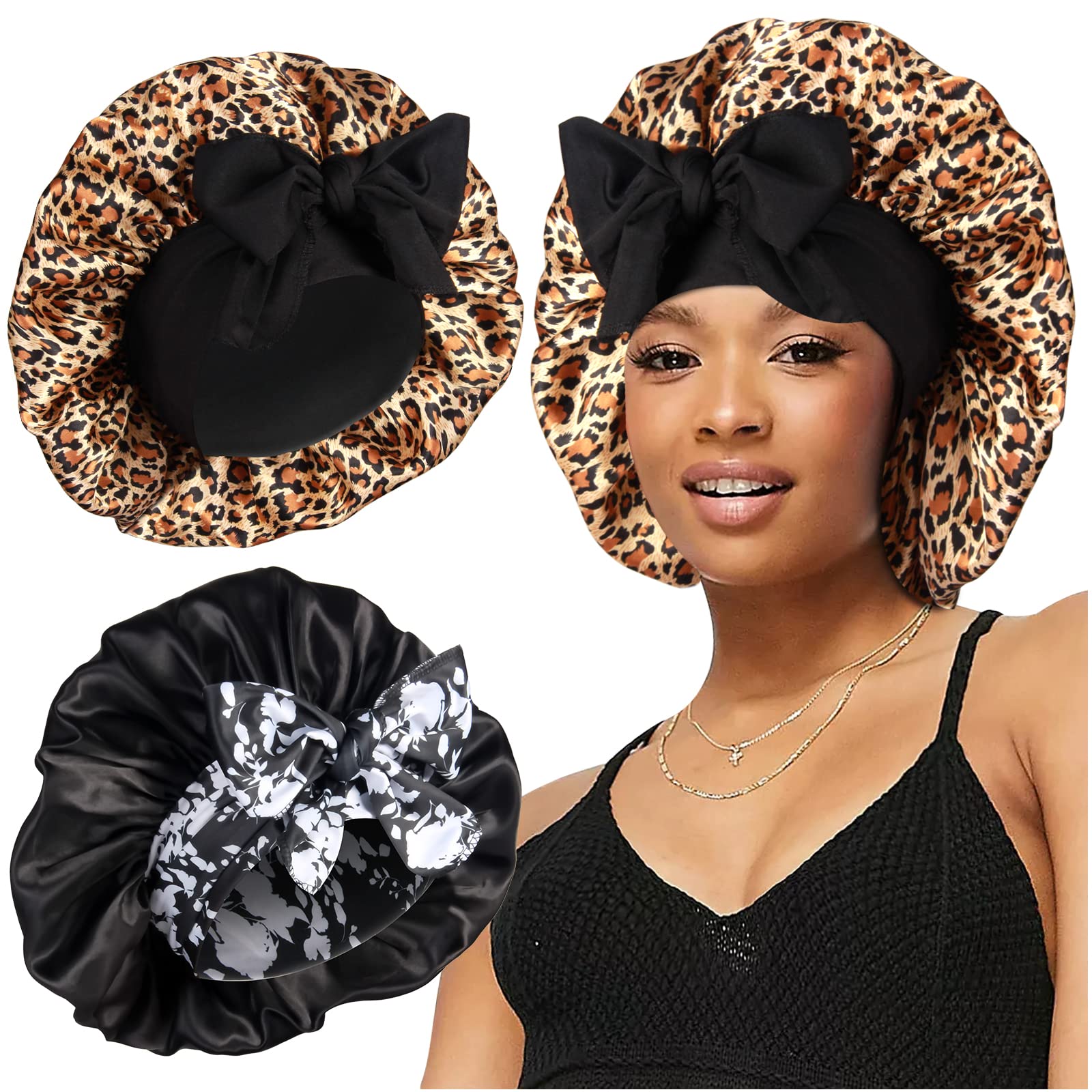 2pcs Large Silky Bonnets with tie Band Braid Bonnet, Satin Bonnet for Sleeping Curly Hair, B