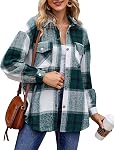 Oyamiki Women's Long Sleeve Flannel Plaid Wool Blend Coats Button Down Shirt Jacket Shackets