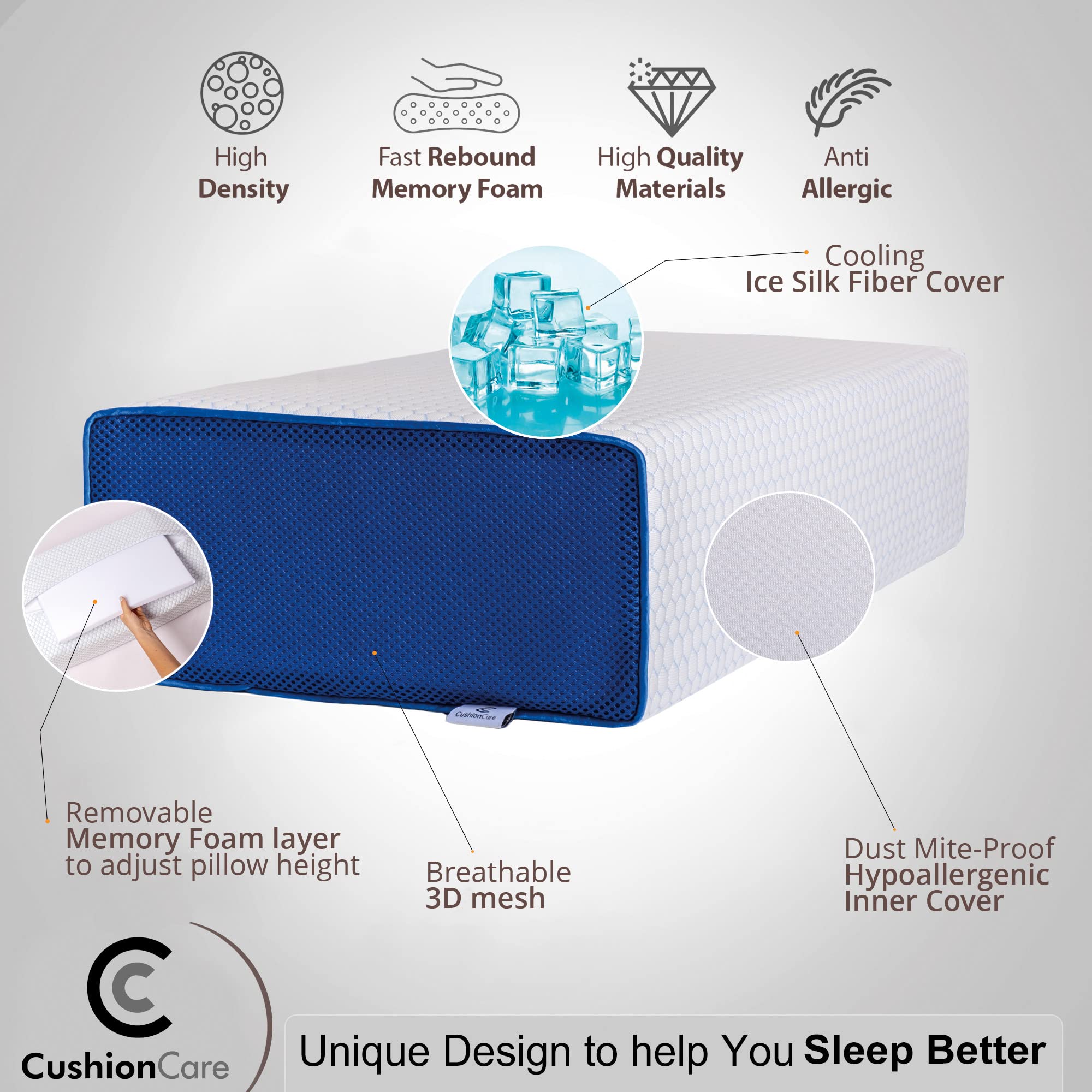 Almohada cúbica con espuma viscoelástica ajustable para personas que duermen de lado, funda de almohada ventilada refrescante para aliviar el dolor de cuello y hombros, almohada cuadrada para dormir,