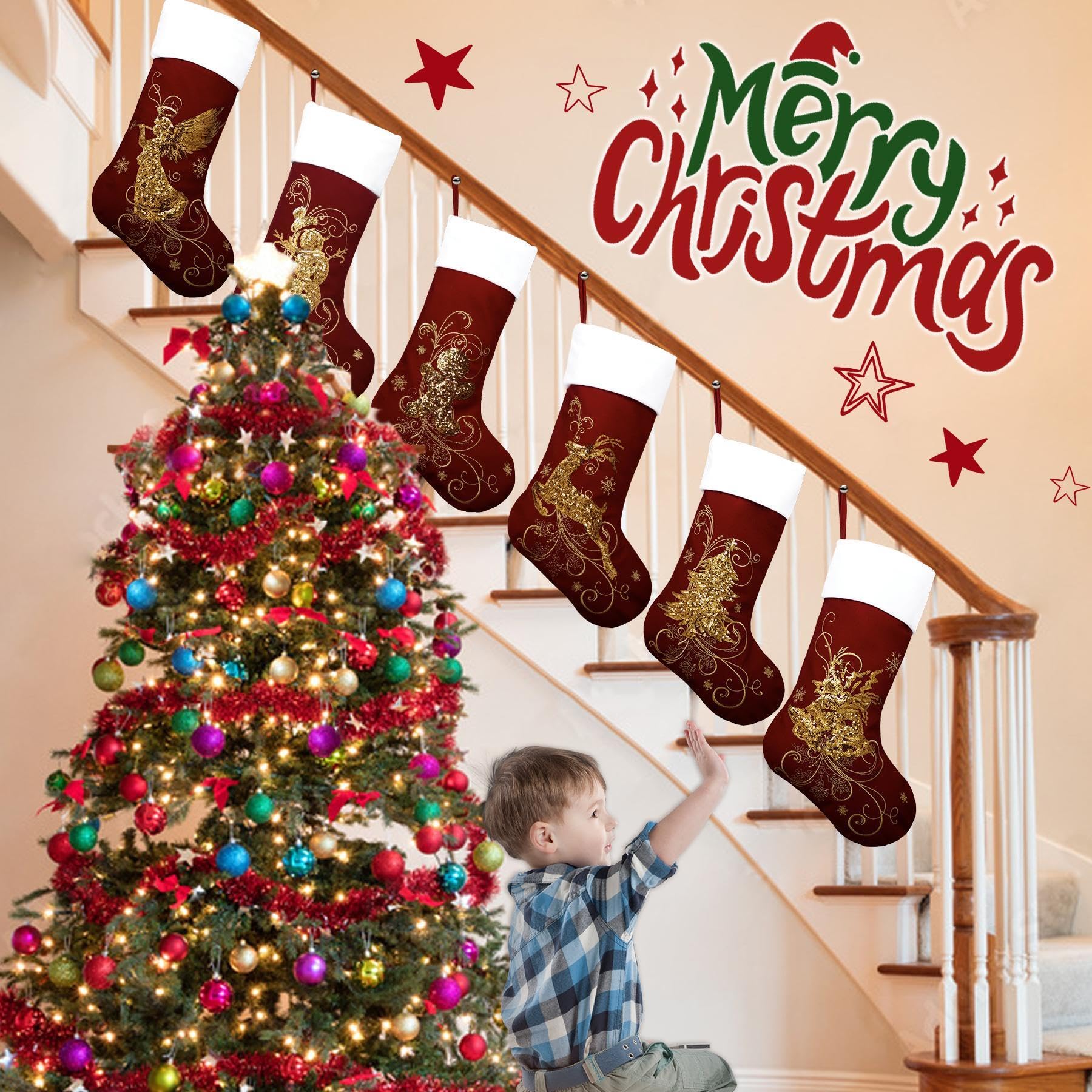 Roycraft Weihnachtsstrümpfe, 5 Stück, Samt, Gold, 48,3 cm, rote Pailletten, Weihnachtsstrümpfe, Kamin, hängende Ornamente, für Familiendekorationen, Urlaub