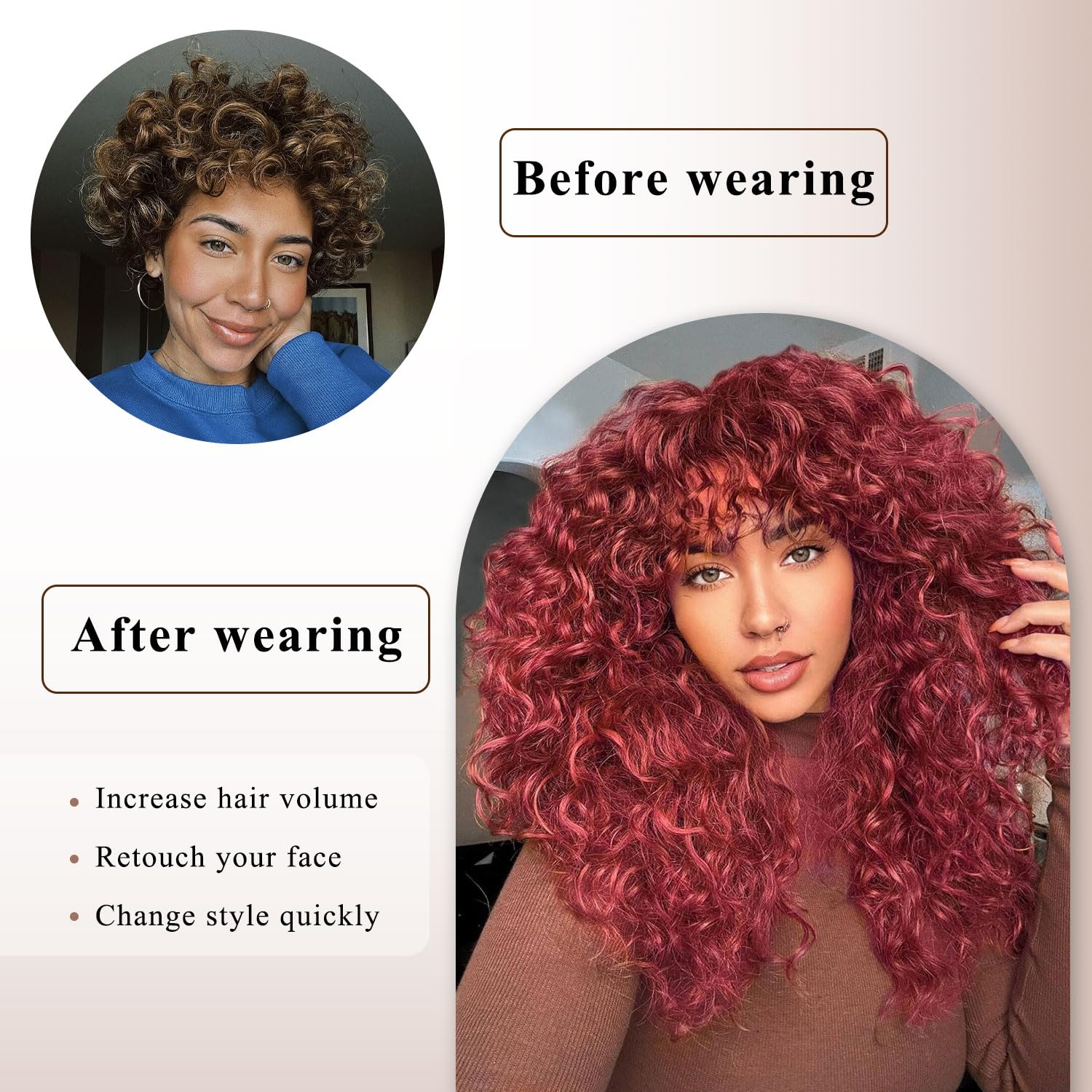 Lizzy 18Inch Curly Human Hair Wigs for Women with Bangs Bouncy Natural Curly Wig 180% Density Long Kinky Curly Hair for Daily Use (Burgundy) - Image 2