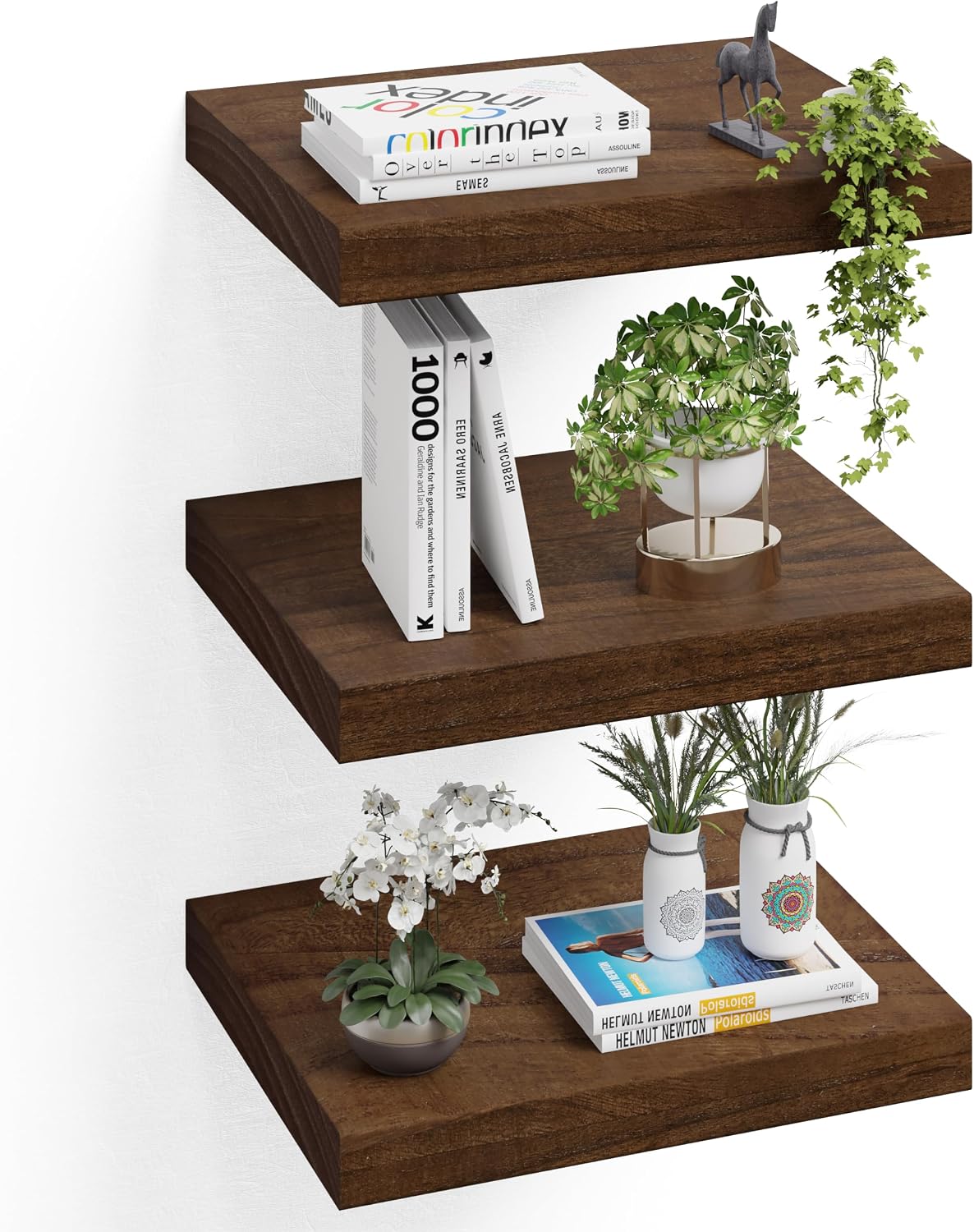 16" Wall Floating Shelves, Set of 3, Walnut Finish | 16"L x 12"D x 1.8"H, Set of 3, Solid Paulownia Wood, Walnut Finish, Hidden Brackets, Hardware Included