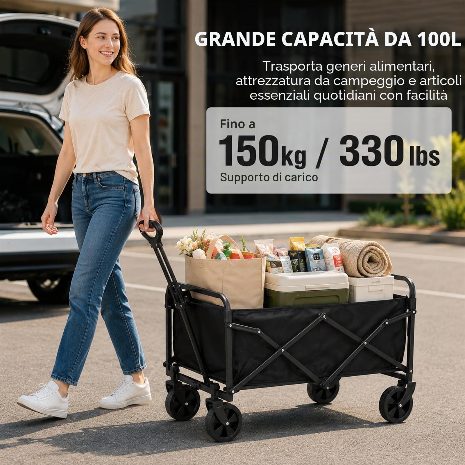 NCONCO Carrello Pieghevole con Ruote, 100L 150KG Carrello Spesa e Spiaggia | Carrello da Campeggio Portatile con Maniglia Regolabilee Ruote Larghe 360°, Carrellino Trasporto per Giardino e Auto