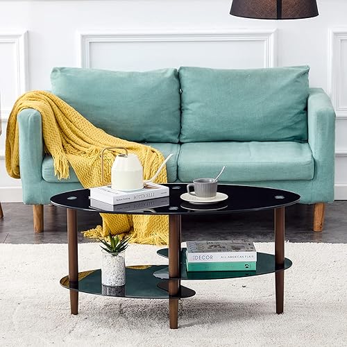 Miniatura 3 de Mesa de centro de cristal, mesa de centro de vidrio de 2 niveles, mesa moderna de vidrio templado para el hogar y la sala de estar (negro)