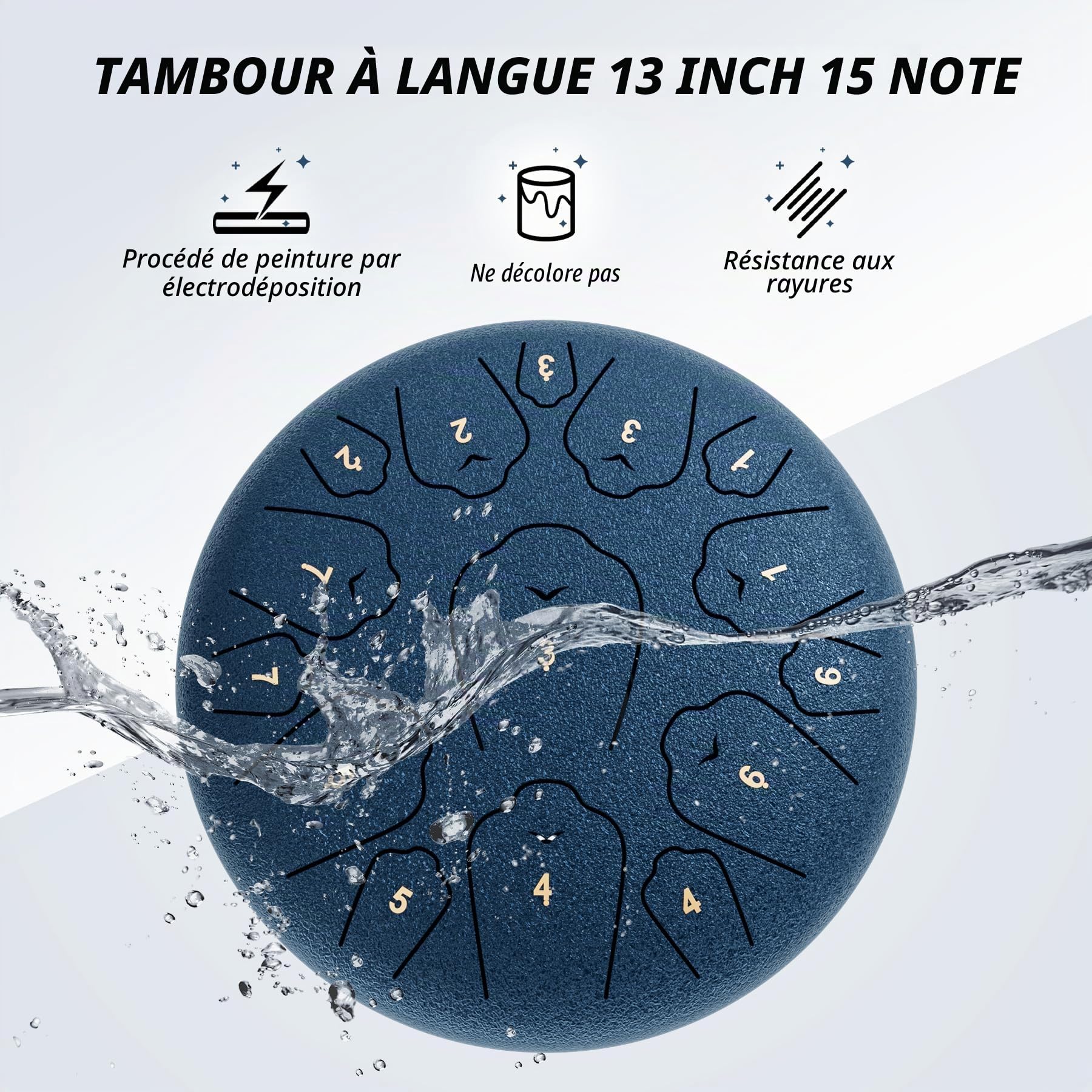 Tambour à langue en acier de 33 cm à 15 notes, instrument de percussion en do majeur, tambour à main avec livre de musique, maillets de batterie et sac de transport (bleu marine)