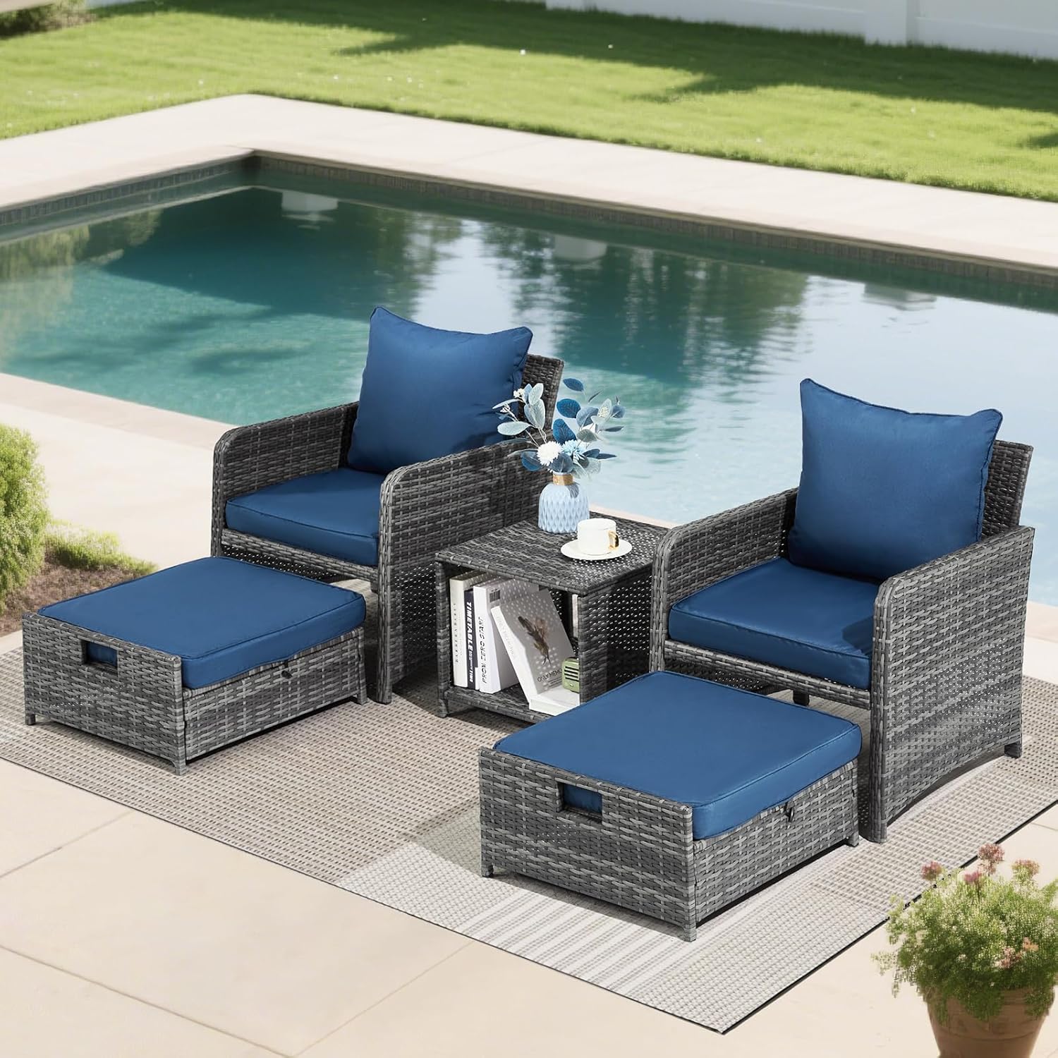 Wicker Patio Furniture Set, Balcony Furniture with Ottoman & Side Table for Lawn Pool Garden (Navy Blue&Grey Rattan)