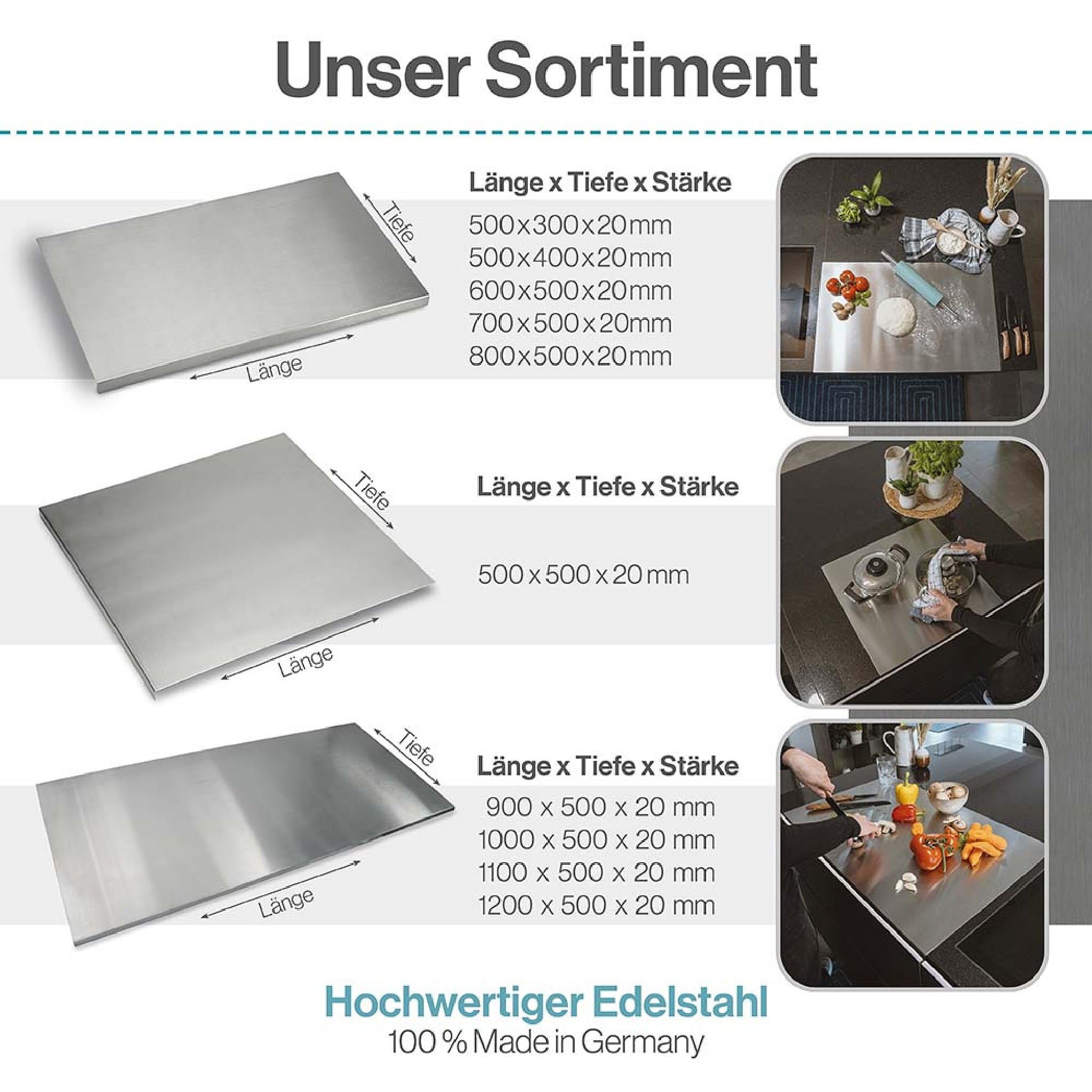 Arbeitsplatte Knetbrett Edelstahl [90x50 cm] - Für Kneten, Schneiden & Backen - Küchenplatte mit Anschlagkante - Auch als Nudelbrett, Backbrett, Teigbrett - Schneidebrett Platte Küche