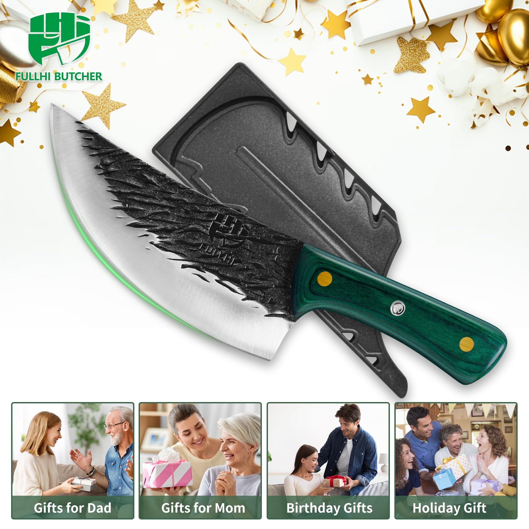 FULLHI Cuchillo de Carne con Mango de Madera y Funda, Cuchillo de Cocina de Acero al Carbono para Cortar Carne, Cocina al Aire Libre, Camping Barbacoa (Verde, 17cm)