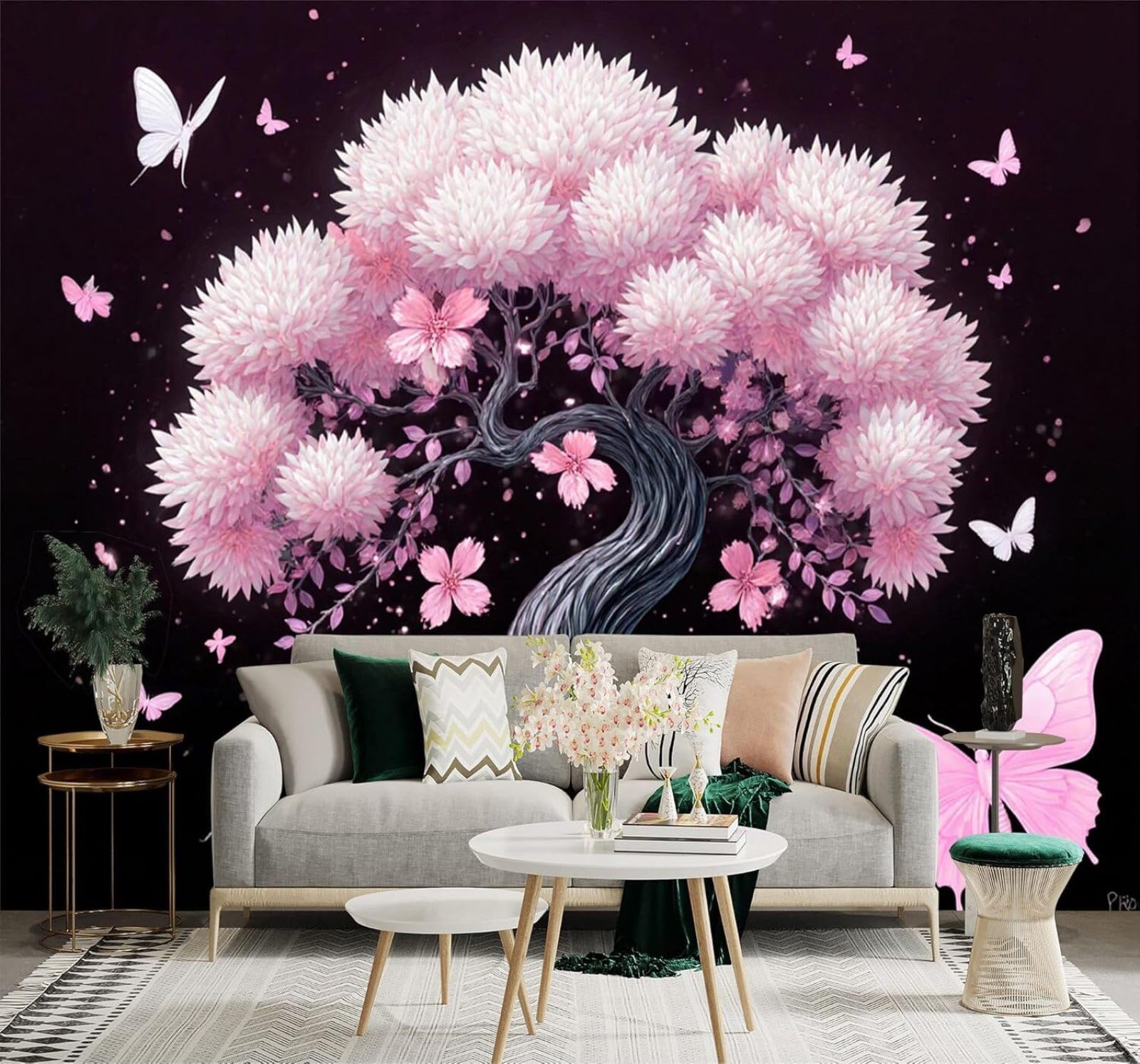 XLMING Dreamlike Three Dimensional Pink Flowers Trees Butterflies 3D Wallpaper Silky Texture Home Study Office Grey Dining Room Sofa Bedroom Living Room TV Backdrop-150cm×105cm
