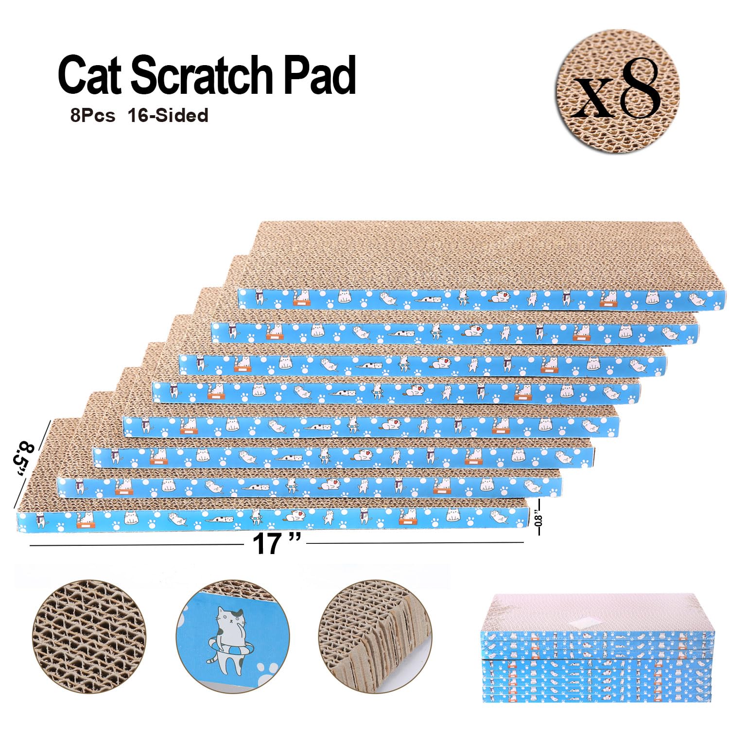 8 paquetes en 1 almohadilla para rascar gatos, cartón rascador para gatos, reversible, cartón reciclable duradero, antiarañazos premium, adecuado para que los gatos descansen, molan garras y jueguen