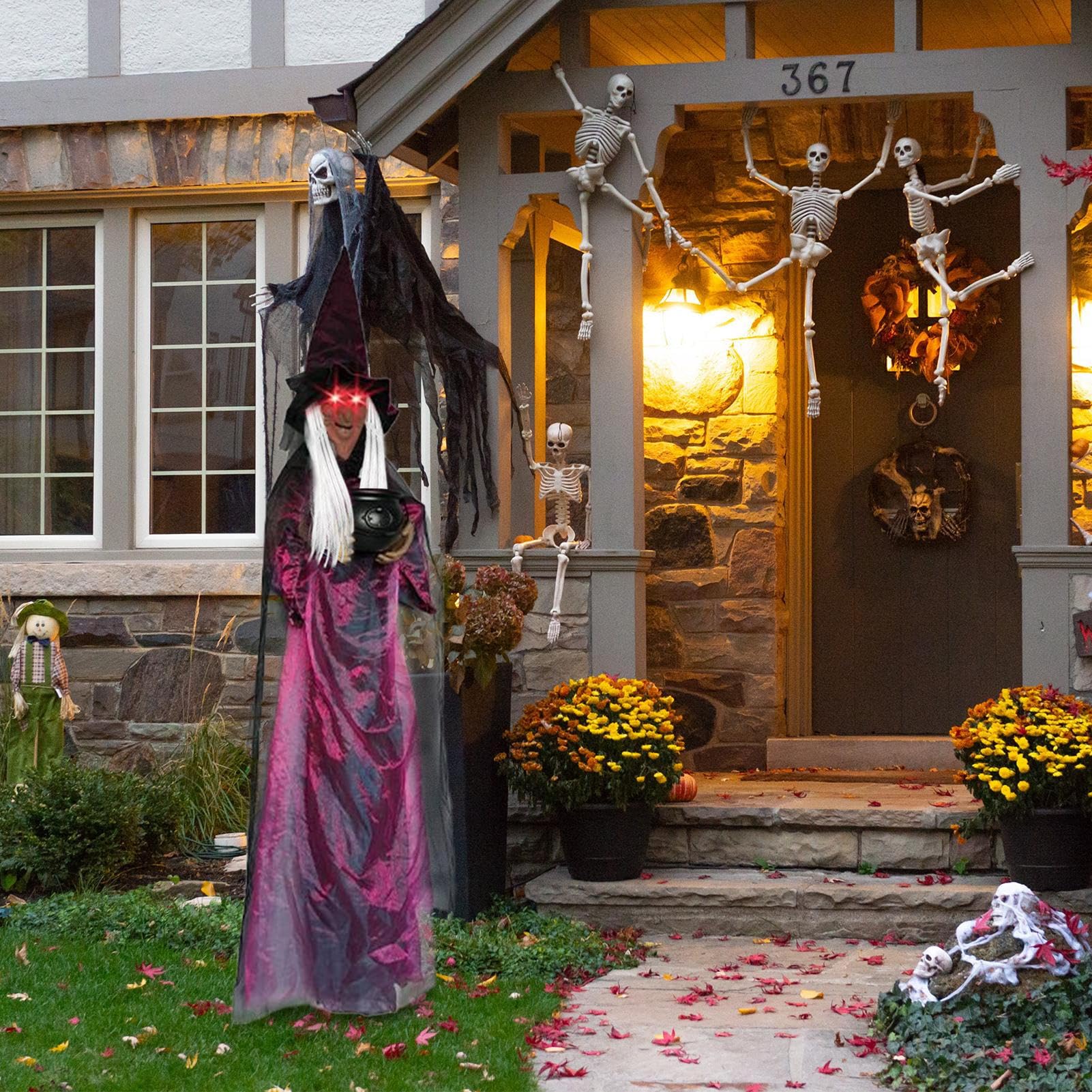 Dekoracja Wiedźmy Halloween 180 cm Animowane Krzyczące Rekwizyty Zewnętrzne | Dekoracja Halloweenowa Z Świecącymi Oczami Trzymająca Kocioł Do Nawiedzonych Domów I