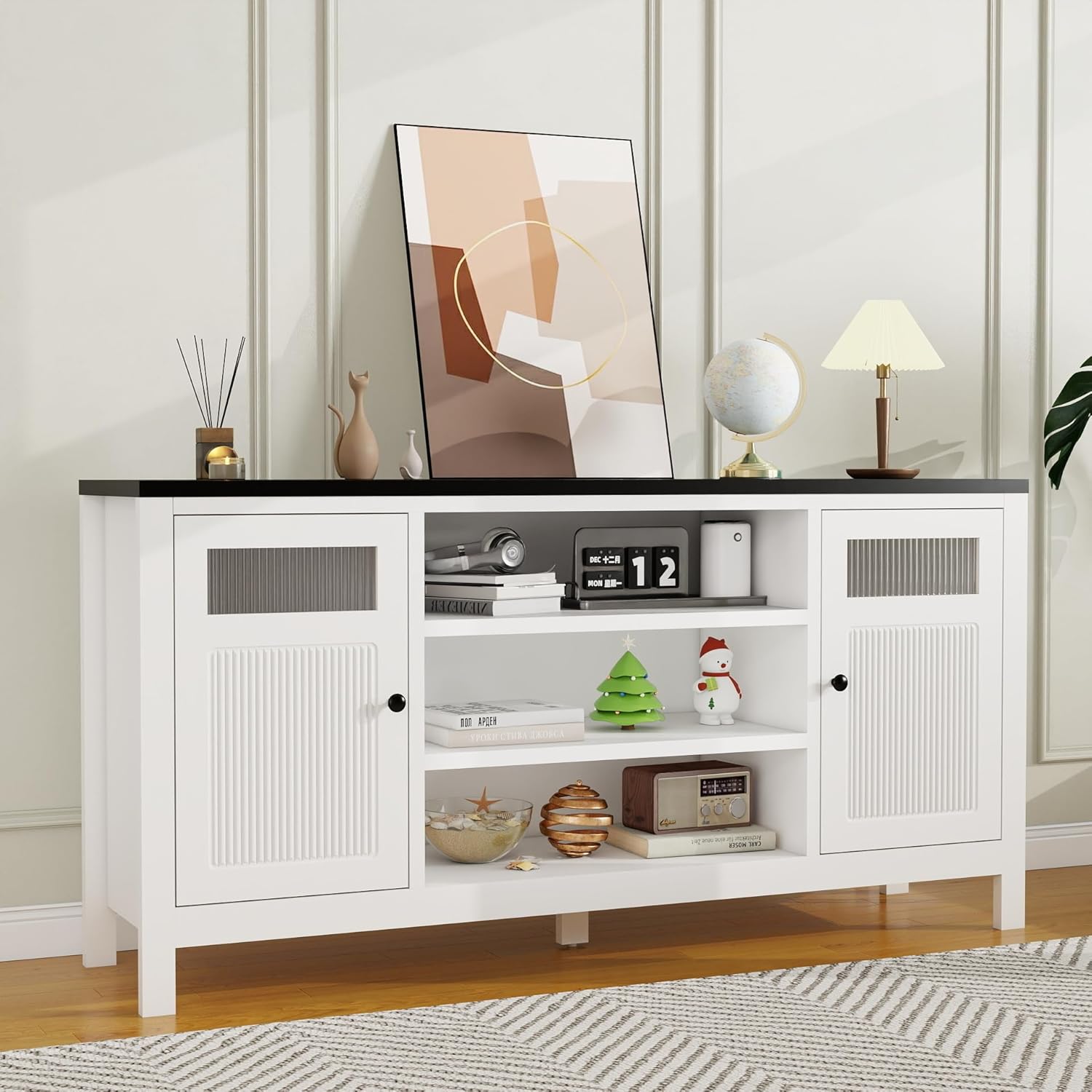 White TV Stands for Living Room: 63" Entertainment Center with Storage, Fluted Media Console Cabinet with Doors, Modern TV Console Table for 60+ inch TV (White)