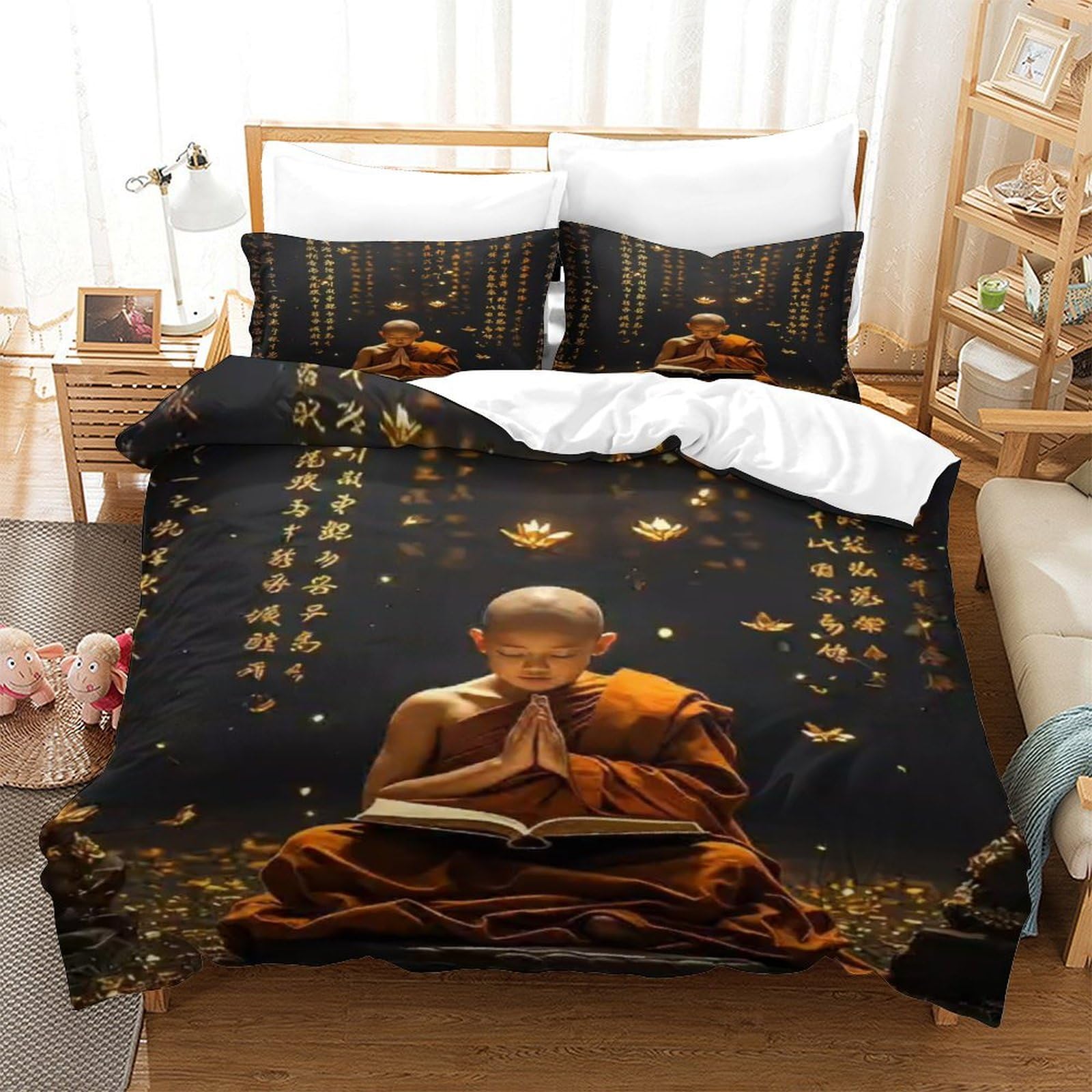 Dafufbw Boys Buddhist Monk-3 Buddhist Monk Breathable Duvet Cover Luxe Dhyana Quilt Cover Set Hidden Zipper Comforter Cover Soft Microfiber Bedding Set With Pillowcases For Girls Washable Double（200X200cm）