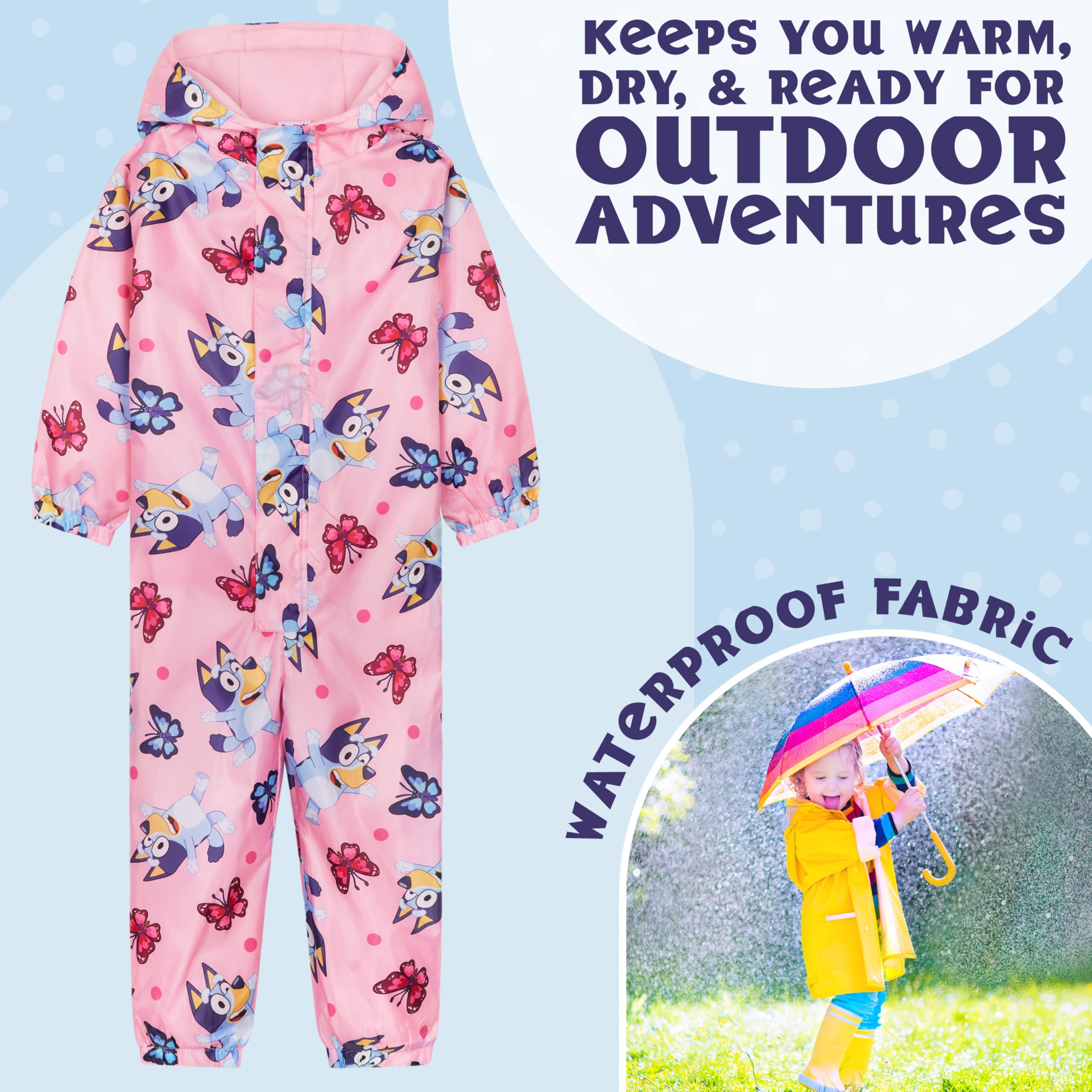BlueY Combinaison Imperméable Fille, Combinaison de Pluie Tenue de Pluie Enfant avec Capuche et Doublure Polaire, Idéale pour l'Extérieur