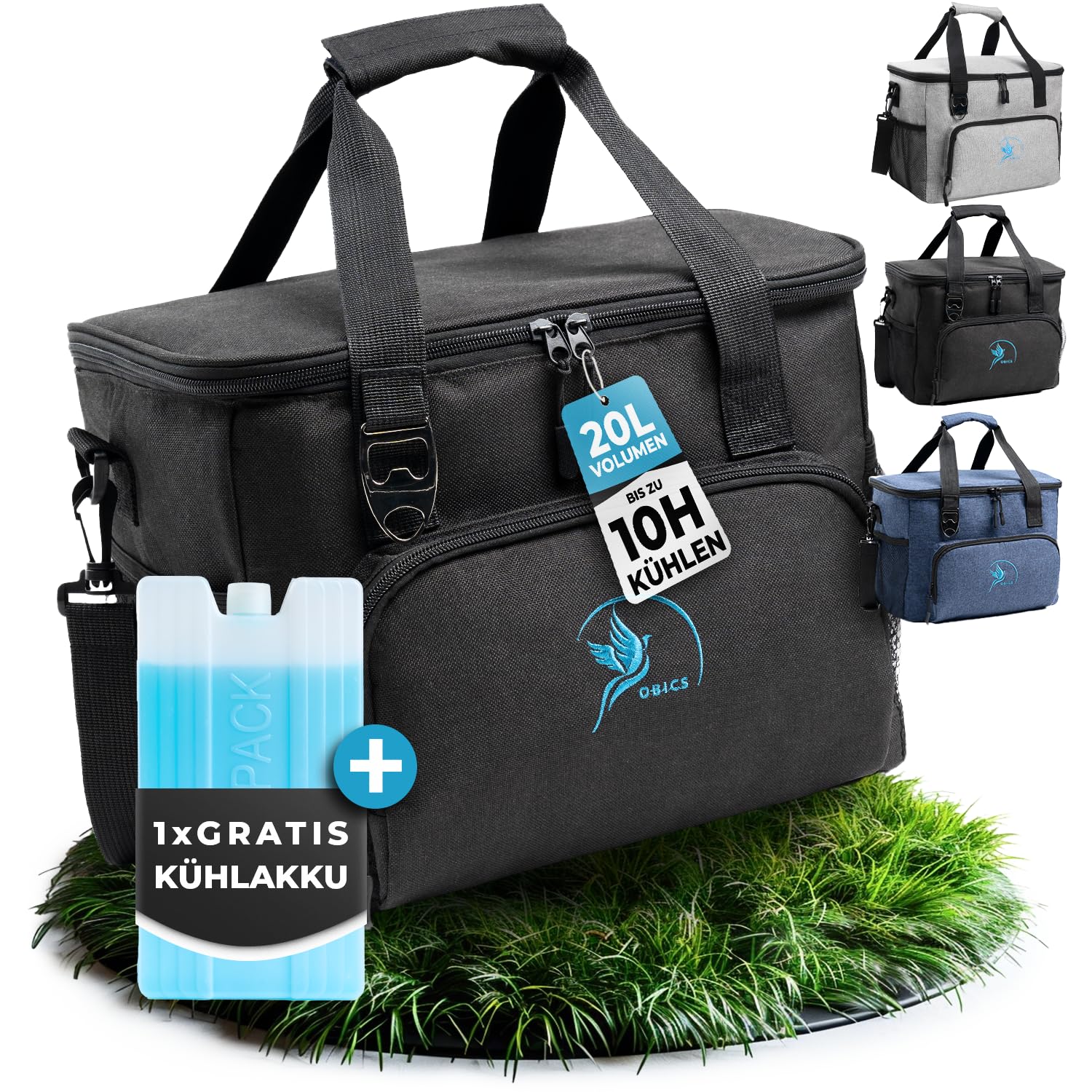 Obics® Kühltasche 20L faltbar - Einkaufstasche & Lunch-Tasche klein schwarz ohne Strom mit Kühl-Akku - Gefriertasche & Kühlbox Picknick-Tasche isoliert - Essenstasche Auto Arbeit, Einkaufen, Baustelle