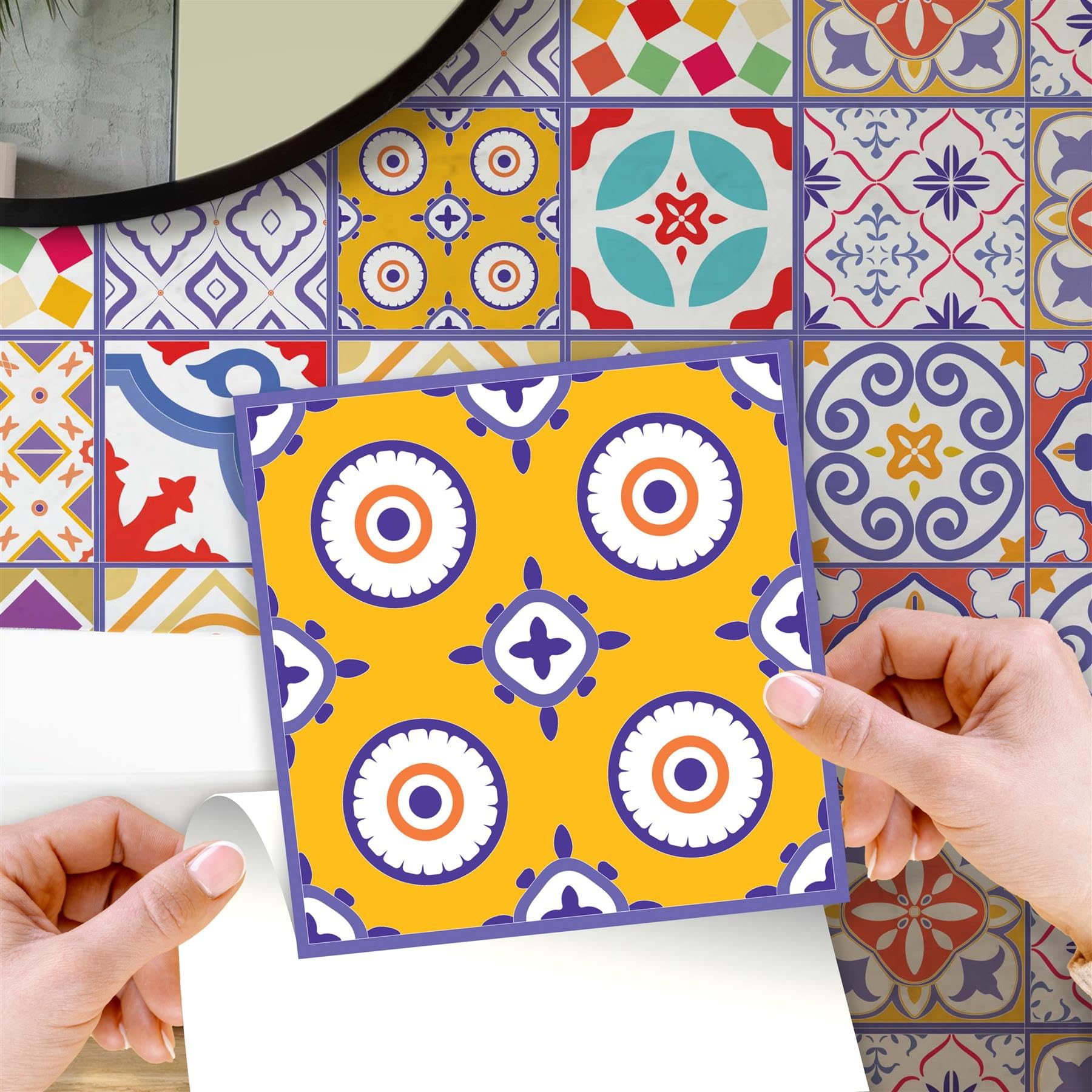 WALPLUS 24 Pcs 15cm(6") Tile Stickers Peel and Stick Backsplash Self-Adhesive Removeable Stick on Wall Vinyl Home Decoration DIY for Living Kitchen Bedroom Splashbacks - Colourful Moroccan