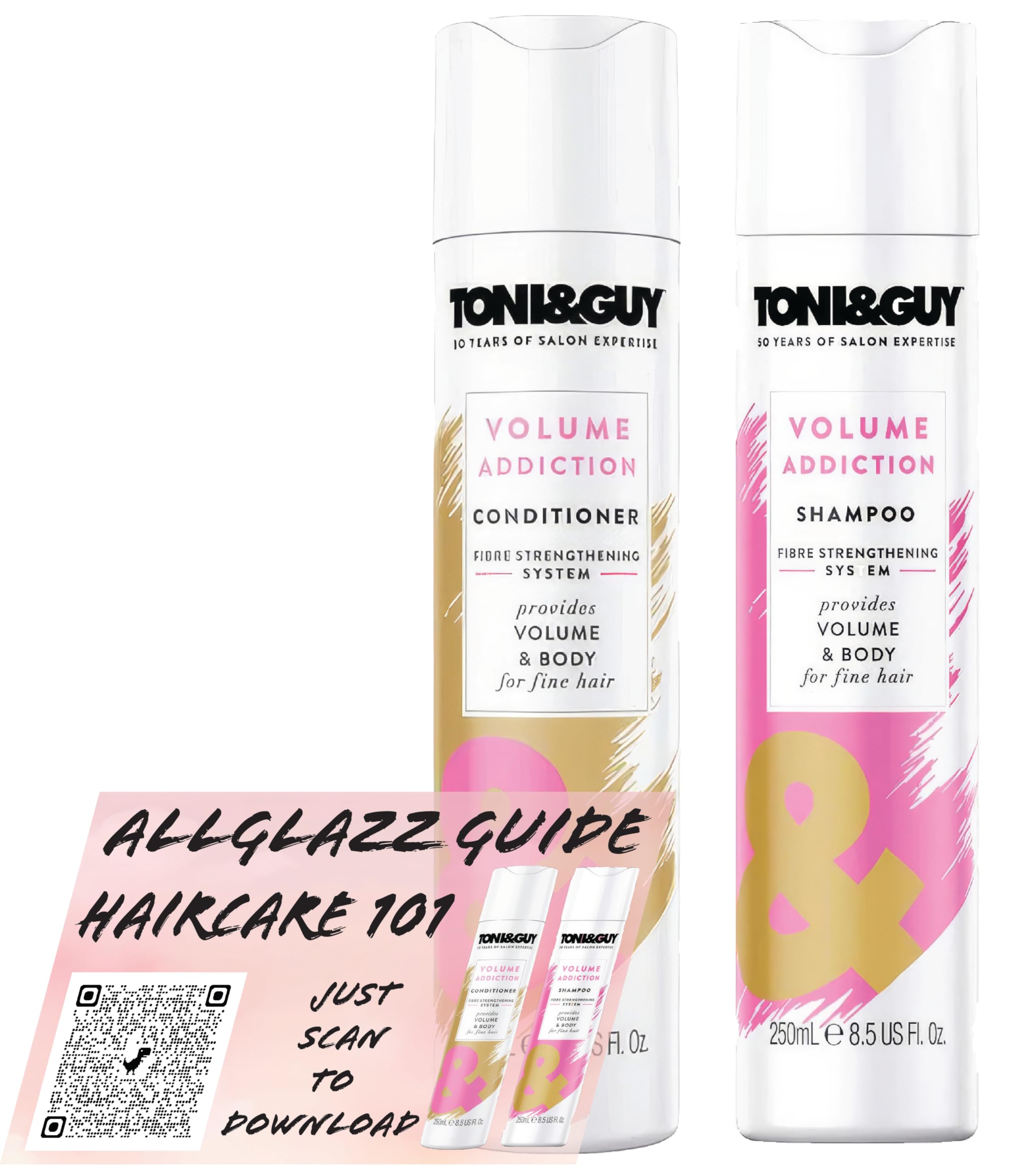 T&G Volume Addiction Shampoo & Conditioner for Fine Hair, 250ml includes a Shampoo & Conditioner free downloadable eBook from Allglazz, just scan the QR code.