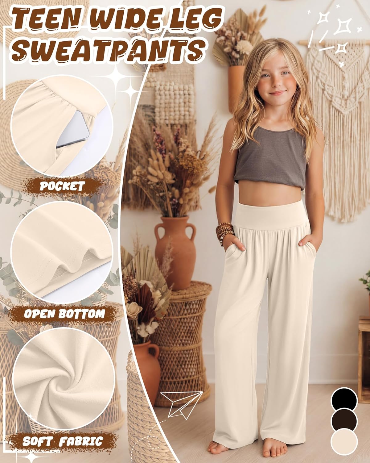 3 Pack Girls' Wide Leg Pants with Pockets Kids High Waist Casual Sweatpants Loose Comfy Lounge Joggers 5-14 Years - Image 6