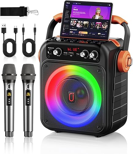 Máquina de karaoke, portátil Bluetooth 5.2 Karaoke con 2 micrófonos inalámbricos, woofer y ajuste de agudos de graves y agudos, altavoz de karaoke