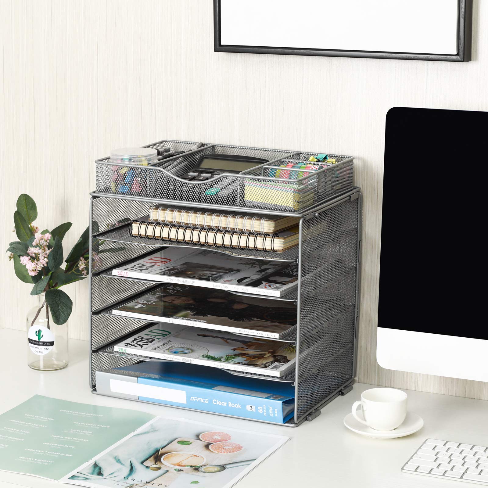 EasyPAG Portadocumenti da Scrivania A4 5 Compartimenti Metallo Rete,Vassoio Lettere,Ripiano Portacorrispondenza,Organizzatore Carta con Cassetto per Ufficio & Casa,Argento